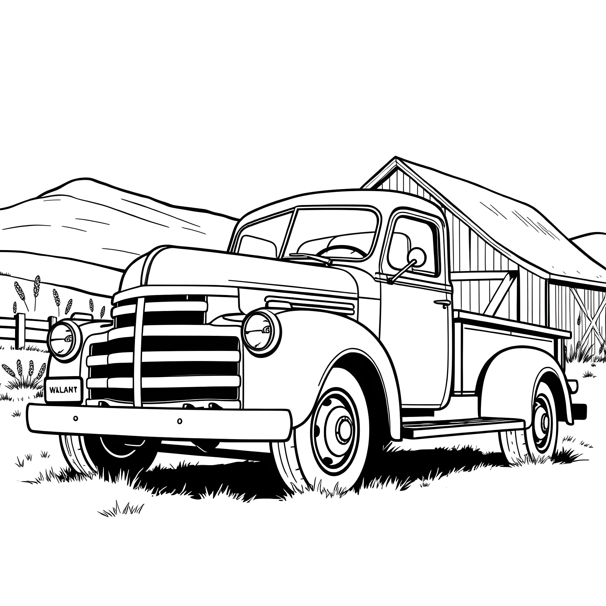 Truck Hauling Supplies to a Rural Barn Coloring Page (free black-and-white line drawing printable PDF for all, from beginners to advanced learners, including children, teens, adults, and seniors)