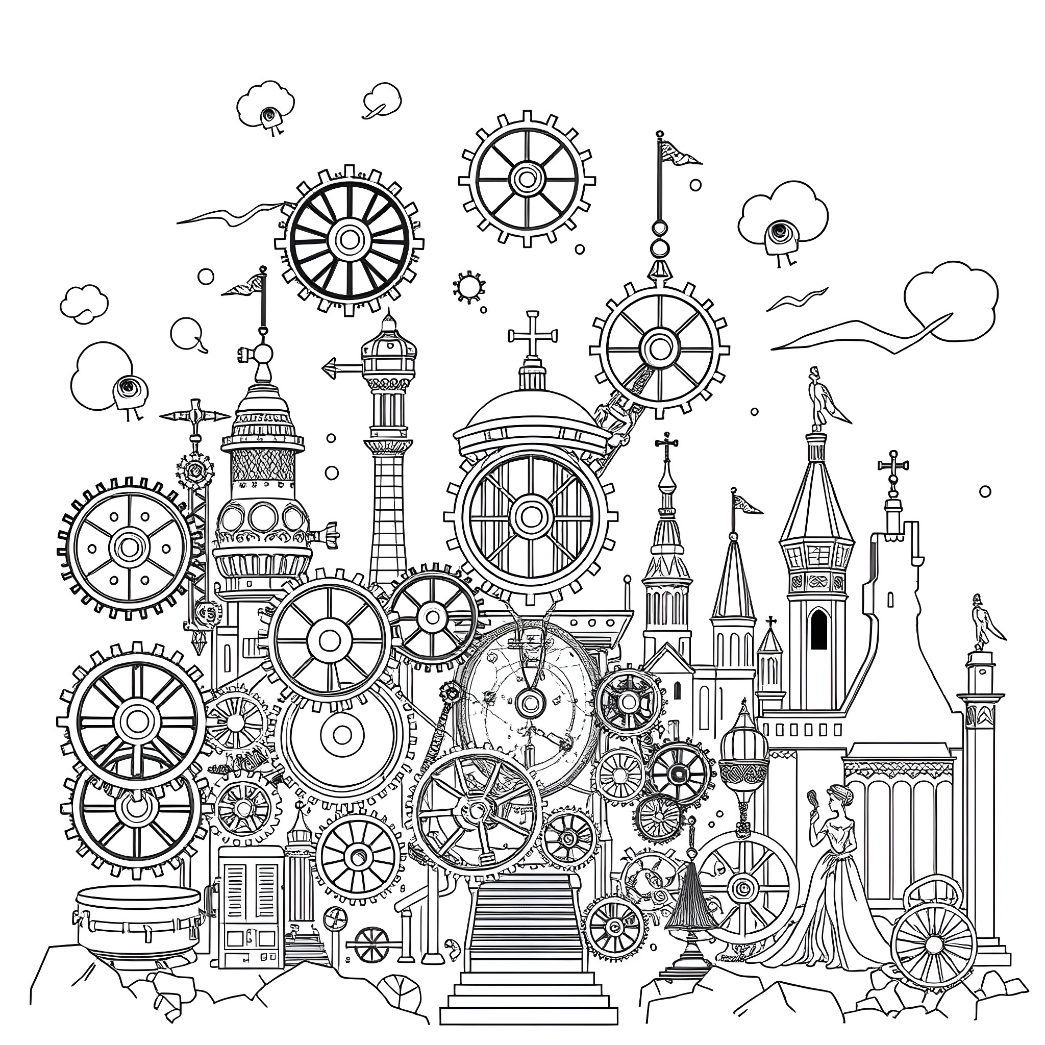 Steampunk Machinery and Architecture Coloring Page (free black-and-white line drawing printable PDF for all, from beginners to advanced learners, including children, teens, adults, and seniors)