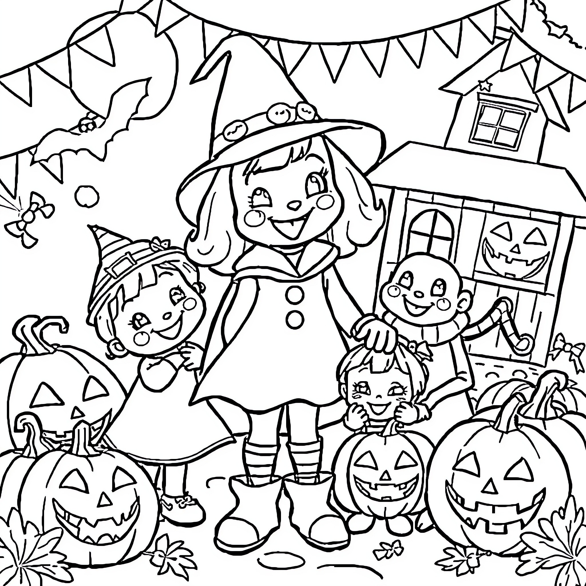Bluey's Halloween Celebration with Friends Coloring Page (free black-and-white line drawing printable PDF for all, from beginners to advanced learners, including children, teens, adults, and seniors)