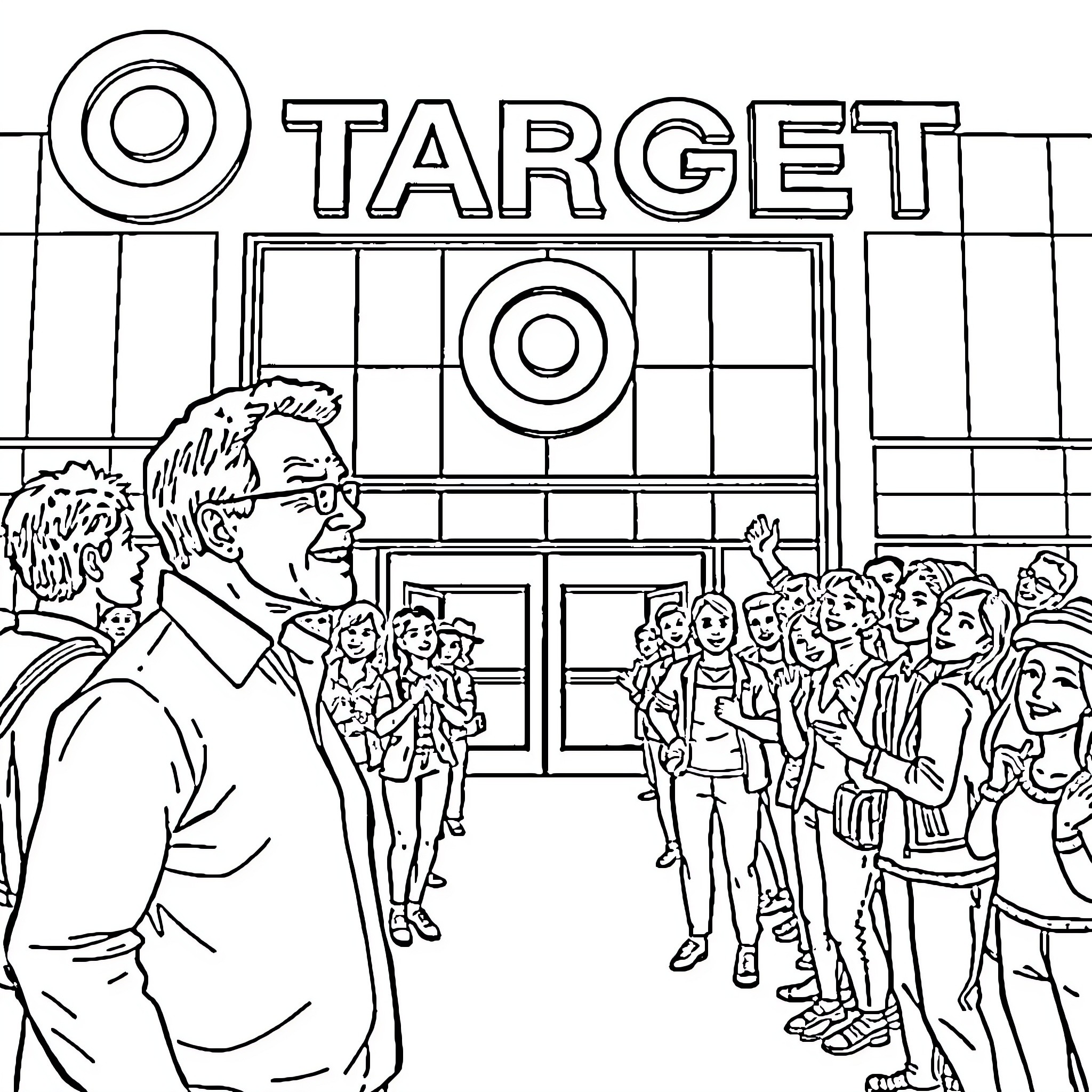 Brian Cornell visiting a crowded Target store Coloring Page (free black-and-white line drawing printable PDF for all, from beginners to advanced learners, including children, teens, adults, and seniors)