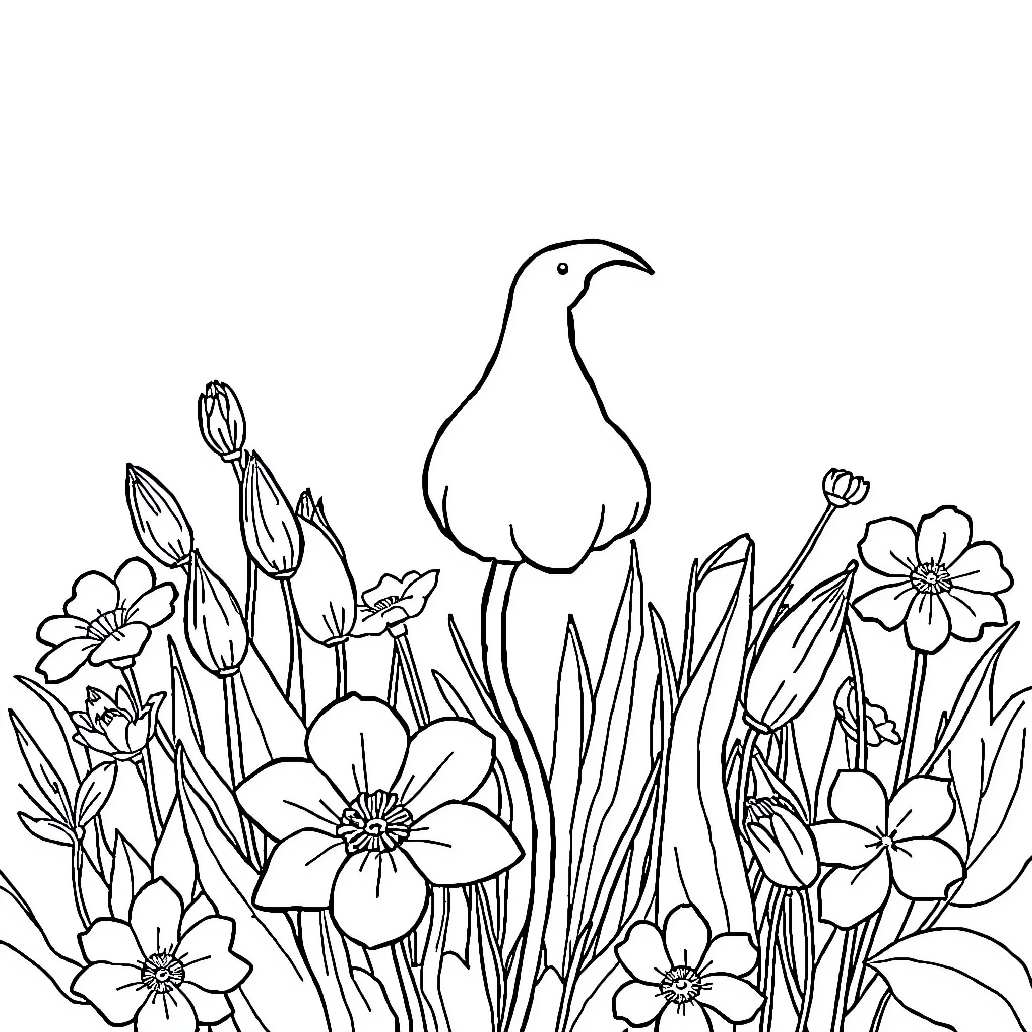 Cat amid vibrant floral field Coloring Page (free black-and-white line drawing printable PDF for all, from beginners to advanced learners, including children, teens, adults, and seniors)