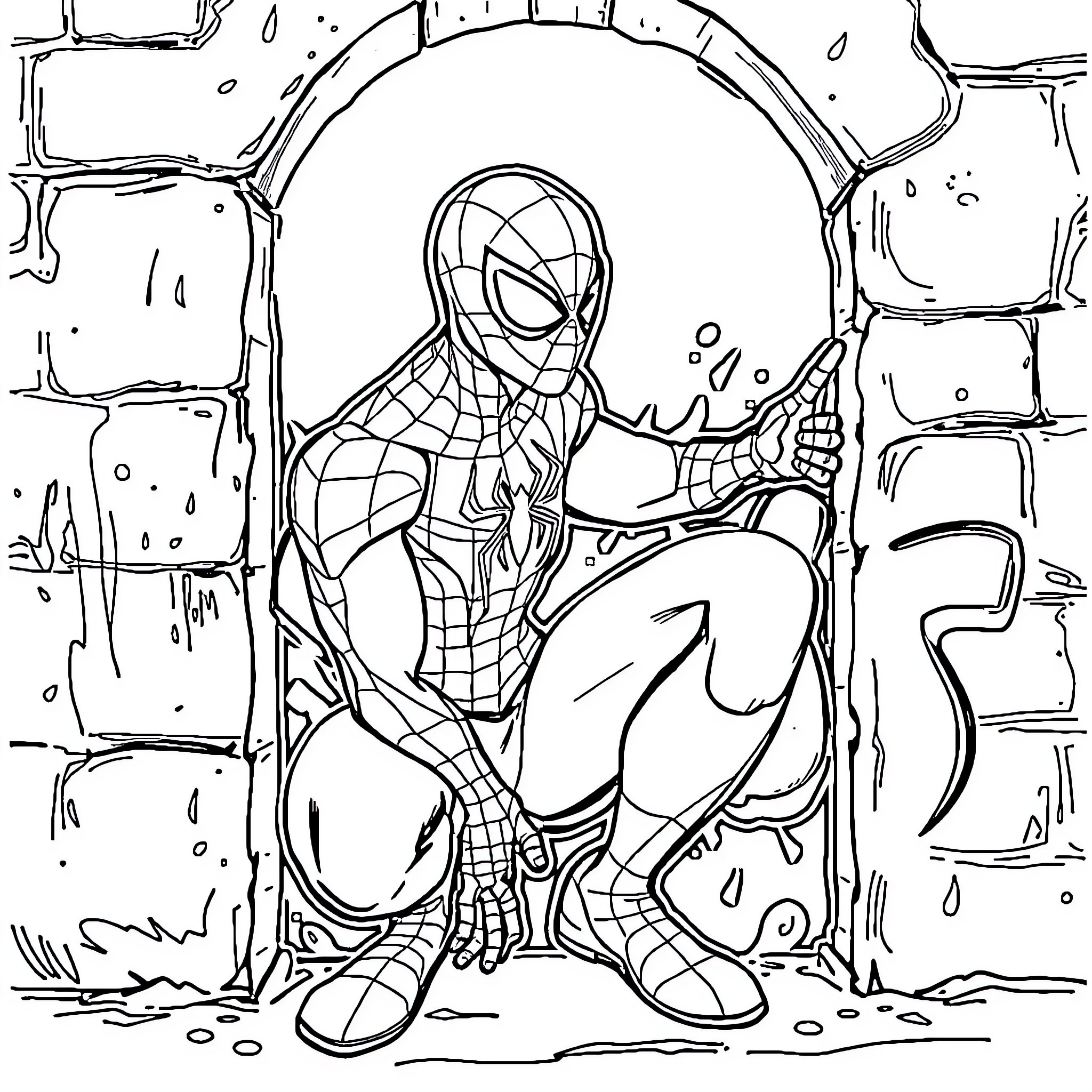 Spiderman exploring the city streets Coloring Page (free black-and-white line drawing printable PDF for all, from beginners to advanced learners, including children, teens, adults, and seniors)