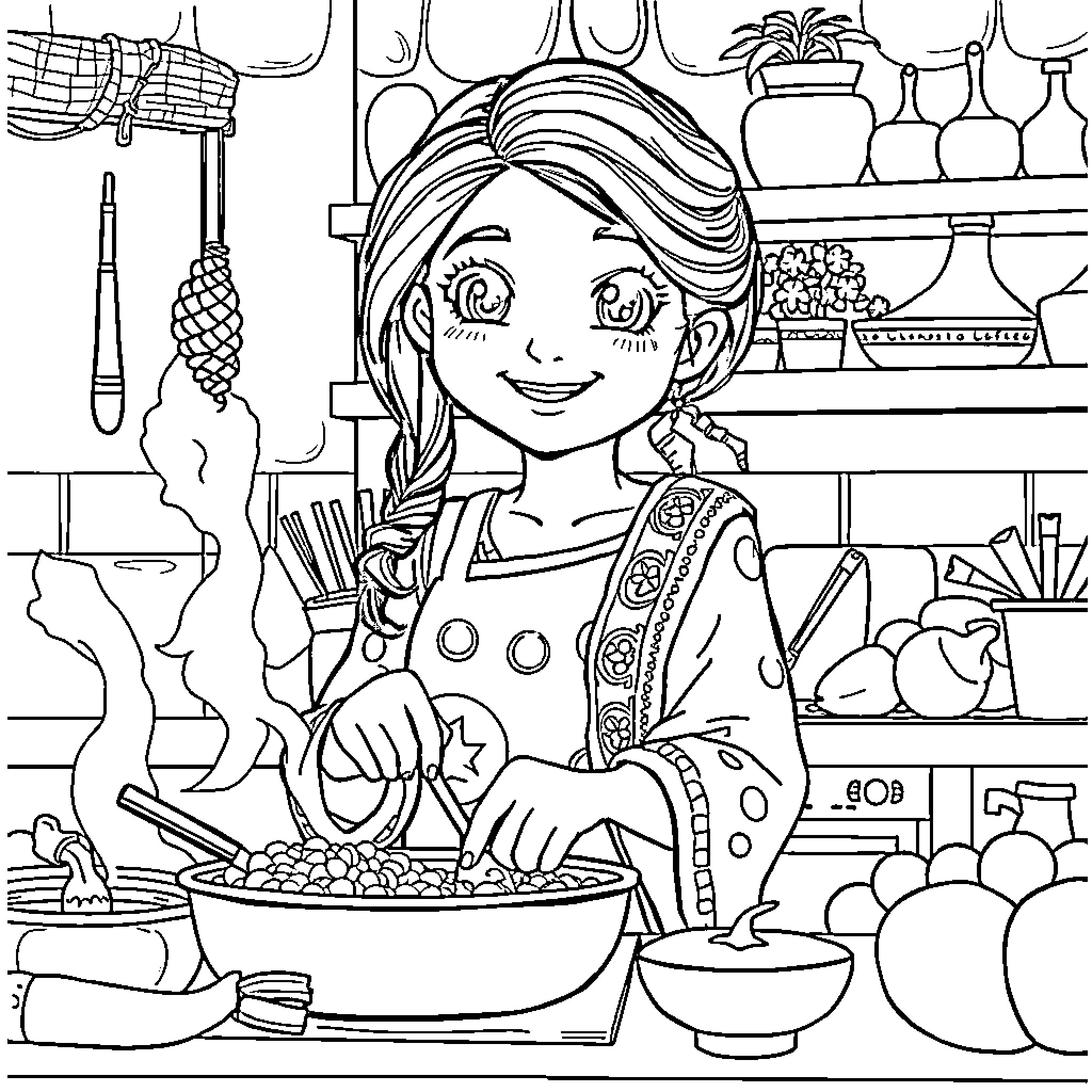 Girl cooking in a cozy kitchen Coloring Page (free black-and-white line drawing printable PDF for all, from beginners to advanced learners, including children, teens, adults, and seniors)