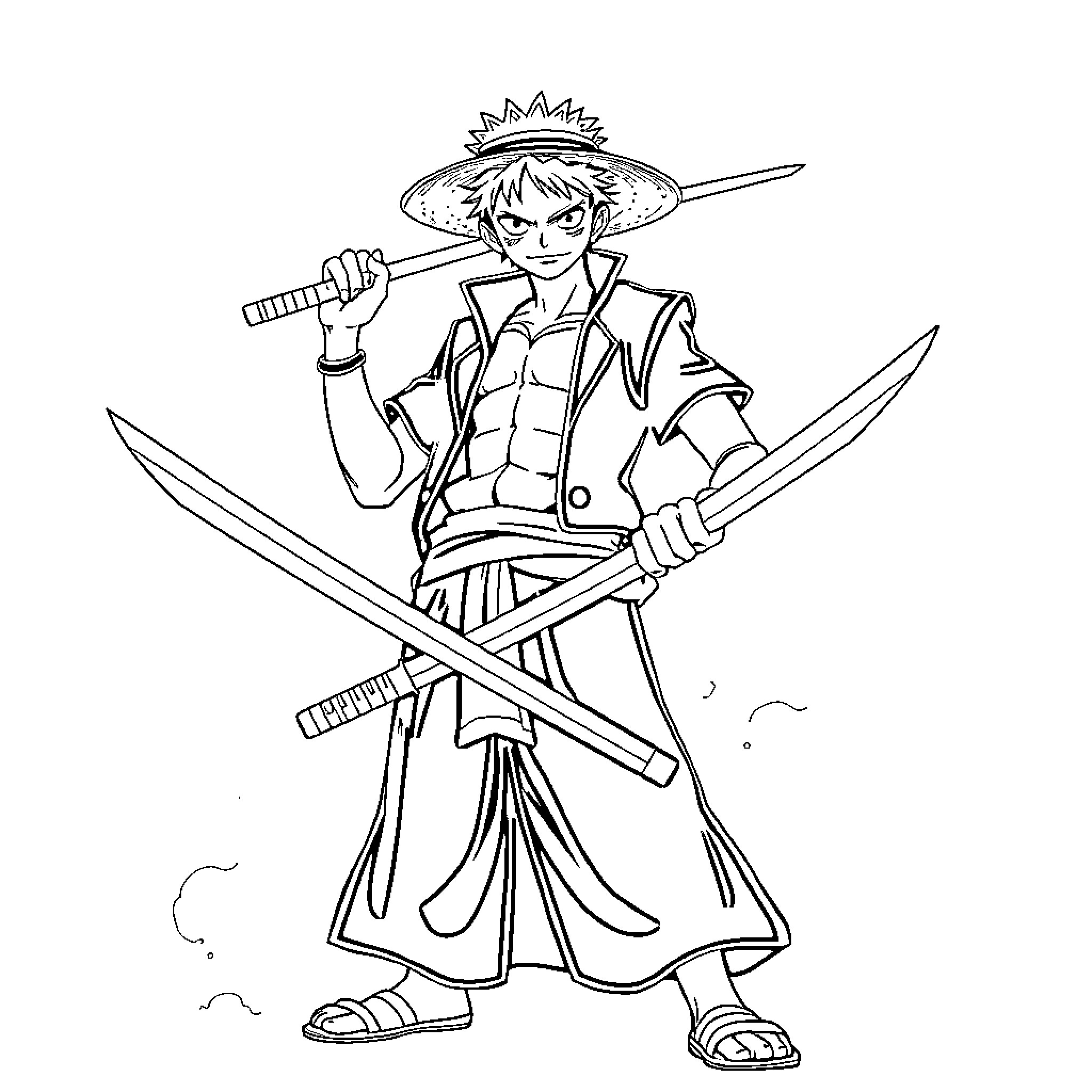 Zoro, the Determined Swordsman in Action Coloring Page (free black-and-white line drawing printable PDF for all, from beginners to advanced learners, including children, teens, adults, and seniors)