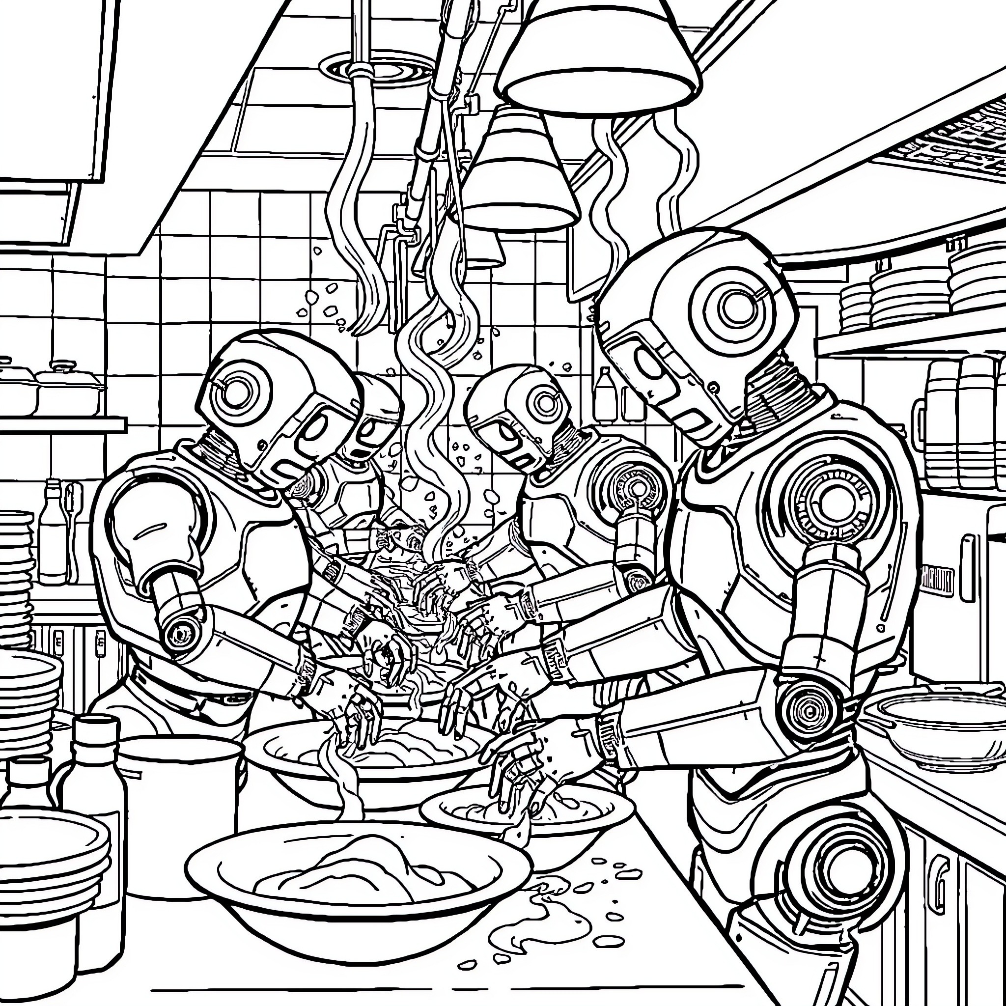 Robot Cooks Preparing a Meal in a Futuristic Kitchen Coloring Page (free black-and-white line drawing printable PDF for all, from beginners to advanced learners, including children, teens, adults, and seniors)