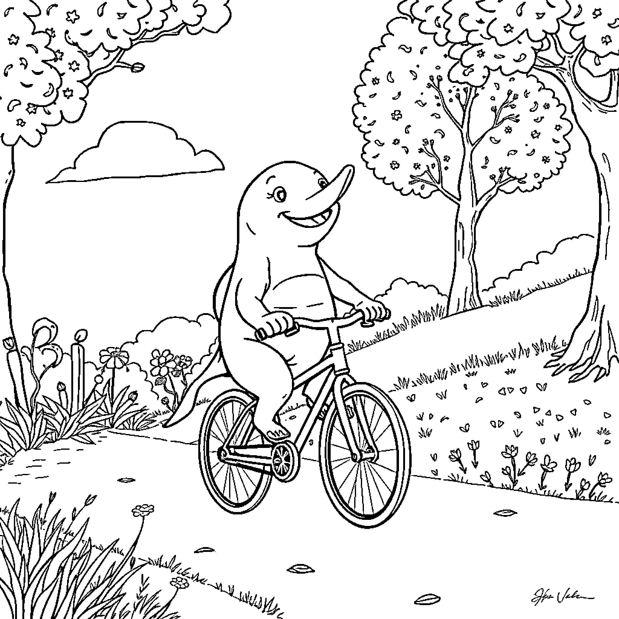 Dolphin riding a bicycle in the nature Coloring Page (free black-and-white line drawing printable PDF for all, from beginners to advanced learners, including children, teens, adults, and seniors)