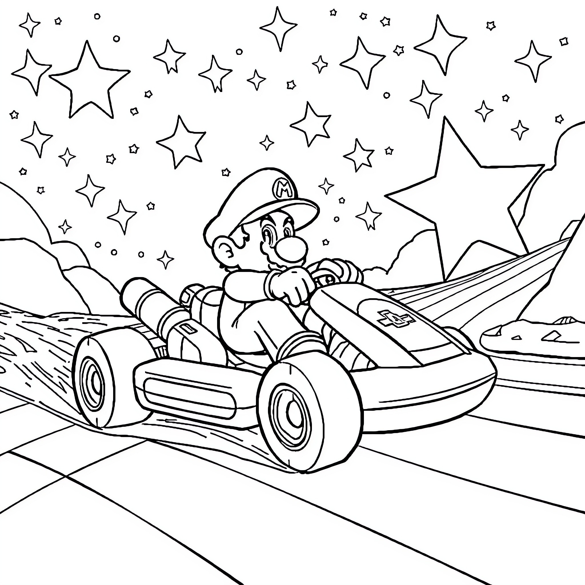 Mario Kart racing through a starry night Coloring Page (free black-and-white line drawing printable PDF for all, from beginners to advanced learners, including children, teens, adults, and seniors)