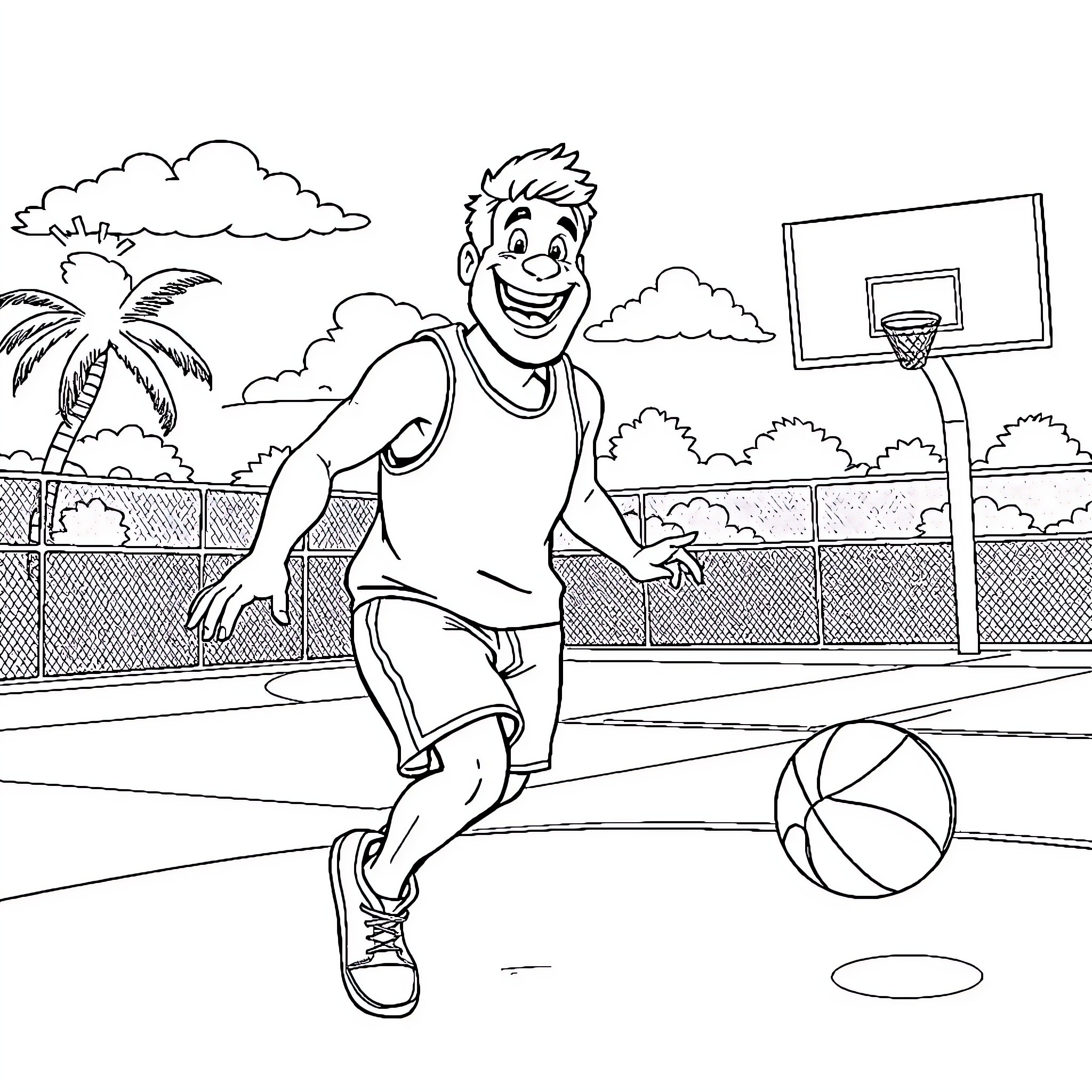 Happy Gilmore Plays Basketball on Outdoor Court Coloring Page (free black-and-white line drawing printable PDF for all, from beginners to advanced learners, including children, teens, adults, and seniors)