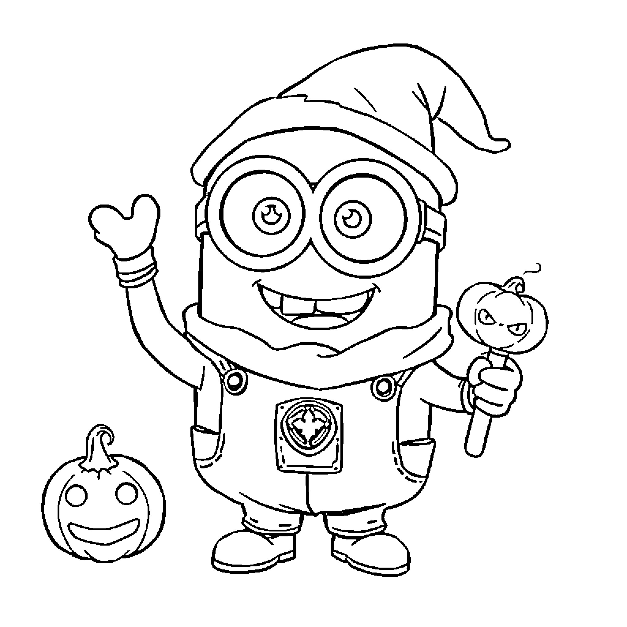 Minion wearing Halloween costume with pumpkin Coloring Page (free black-and-white line drawing printable PDF for all, from beginners to advanced learners, including children, teens, adults, and seniors)