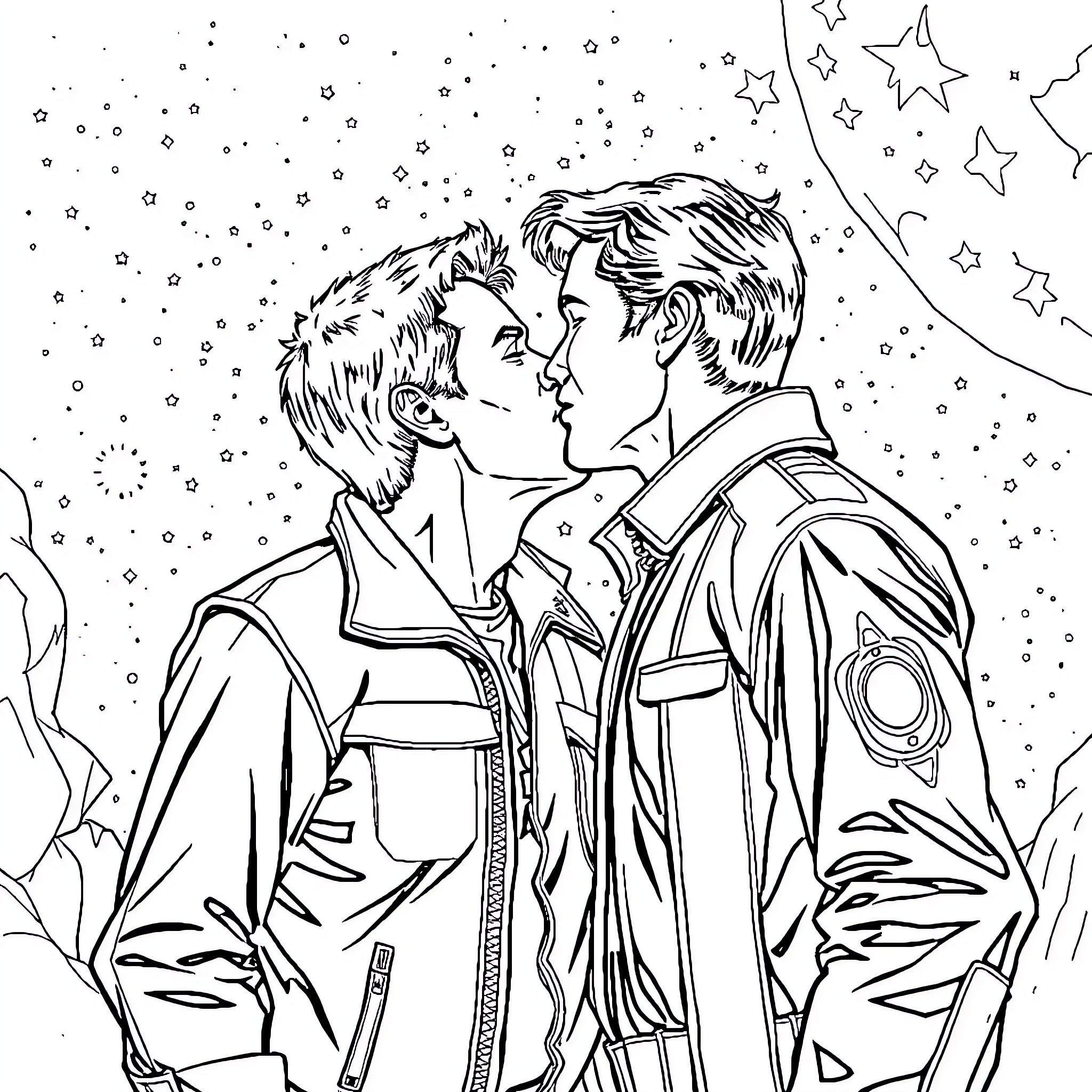 Daniel Jackson stargazing with a romantic partner Coloring Page (free black-and-white line drawing printable PDF for all, from beginners to advanced learners, including children, teens, adults, and seniors)