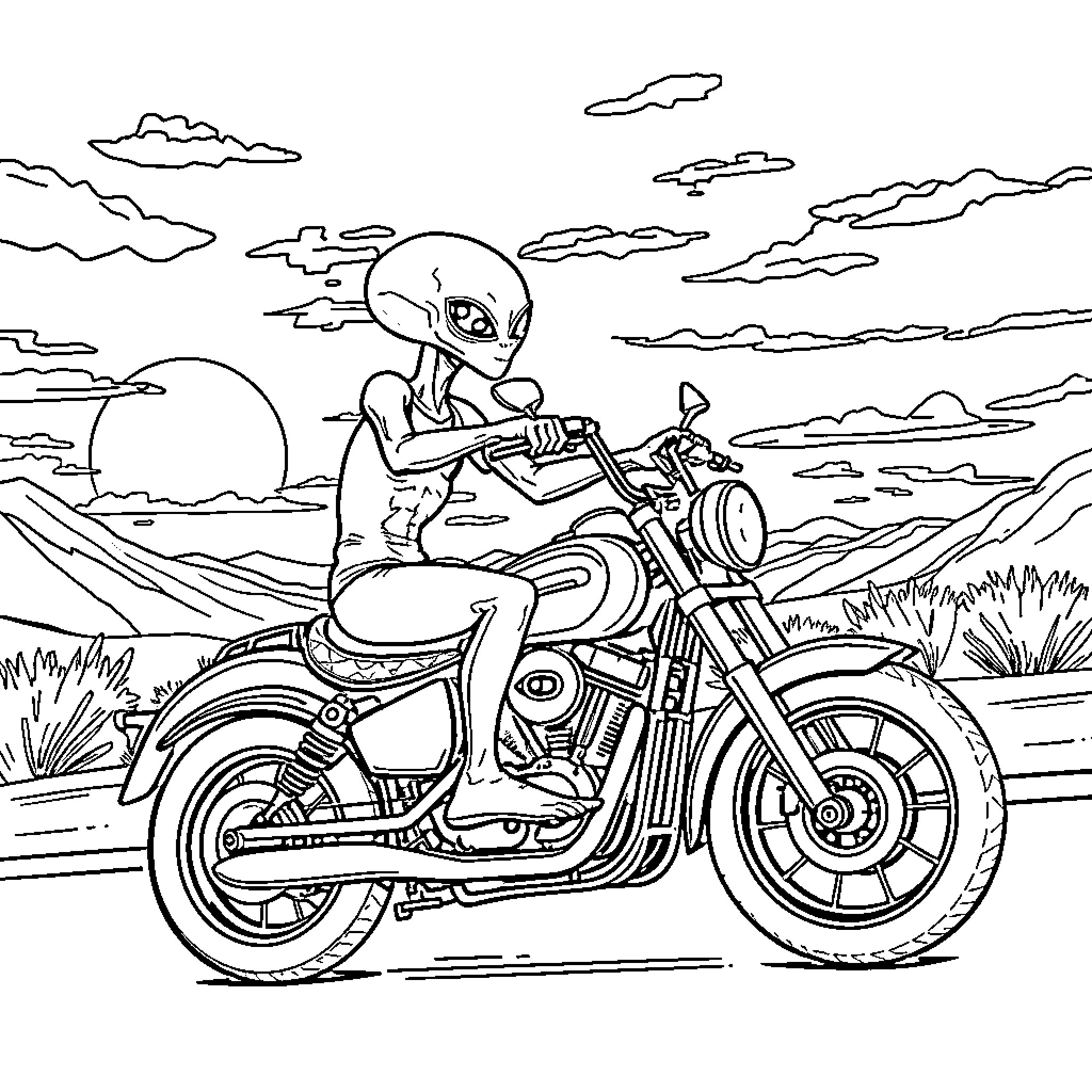 Alien riding a motorcycle in the desert Coloring Page (free black-and-white line drawing printable PDF for all, from beginners to advanced learners, including children, teens, adults, and seniors)