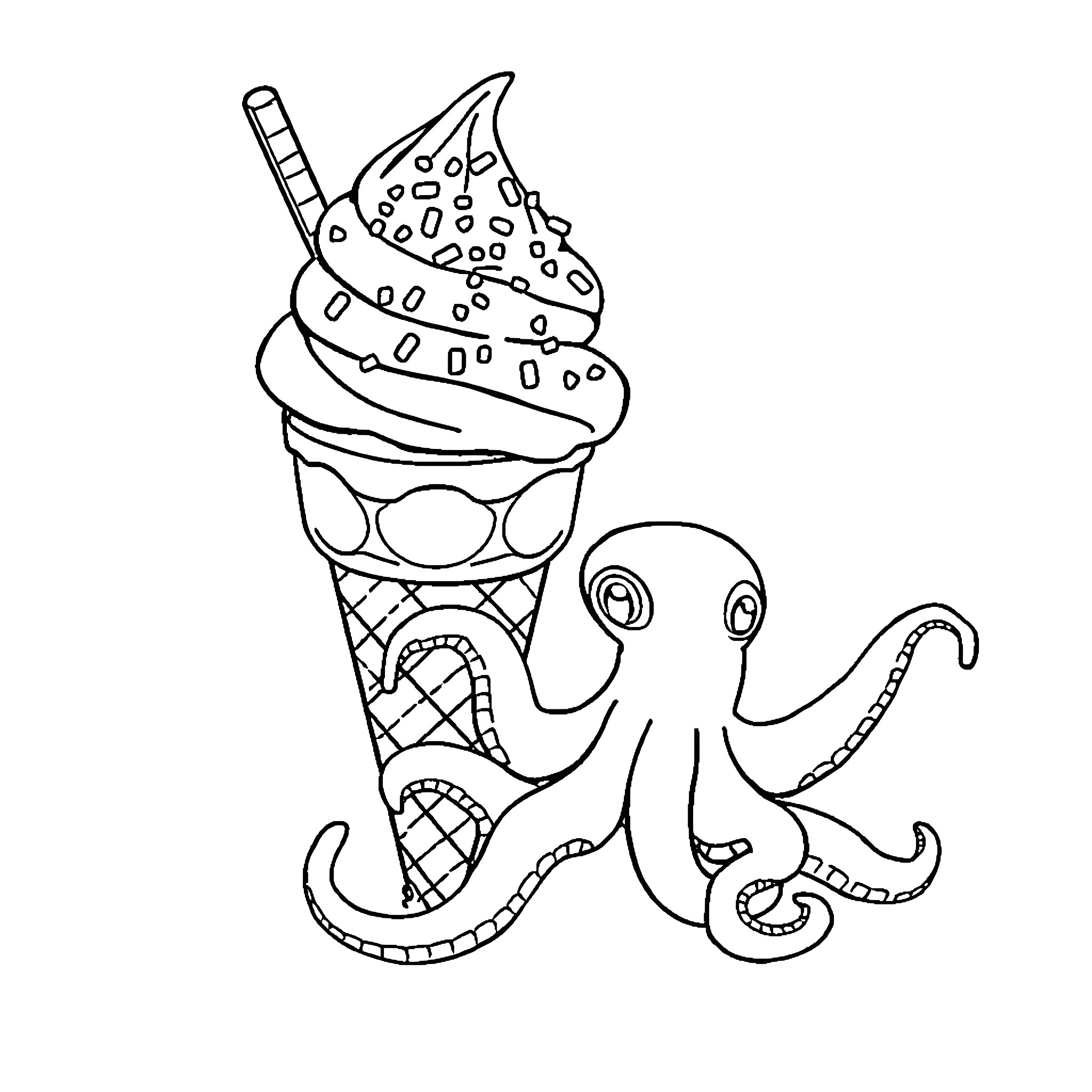 Ice Cream Cone with Playful Octopus Coloring Page (free black-and-white line drawing printable PDF for all, from beginners to advanced learners, including children, teens, adults, and seniors)