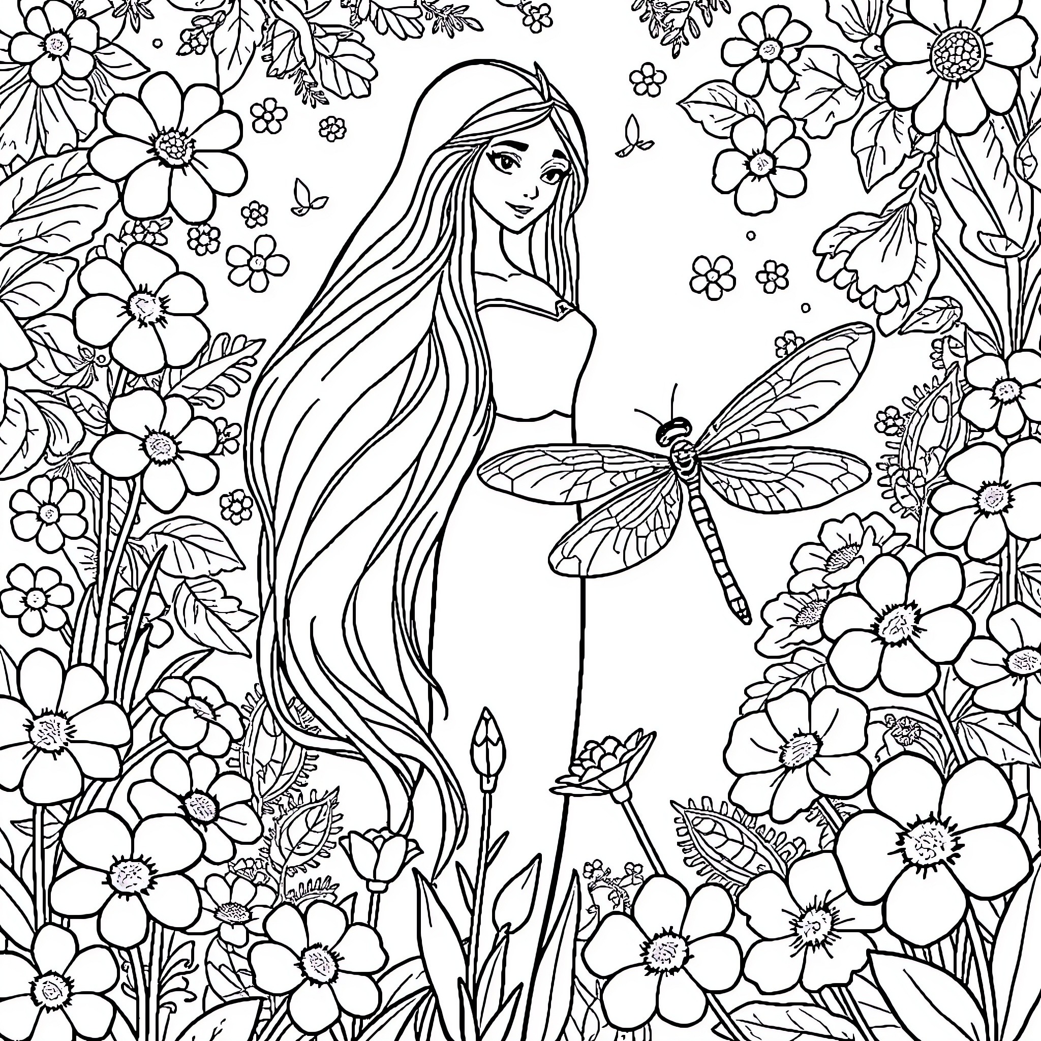 Princess in a Floral Garden with Butterfly Coloring Page (free black-and-white line drawing printable PDF for all, from beginners to advanced learners, including children, teens, adults, and seniors)