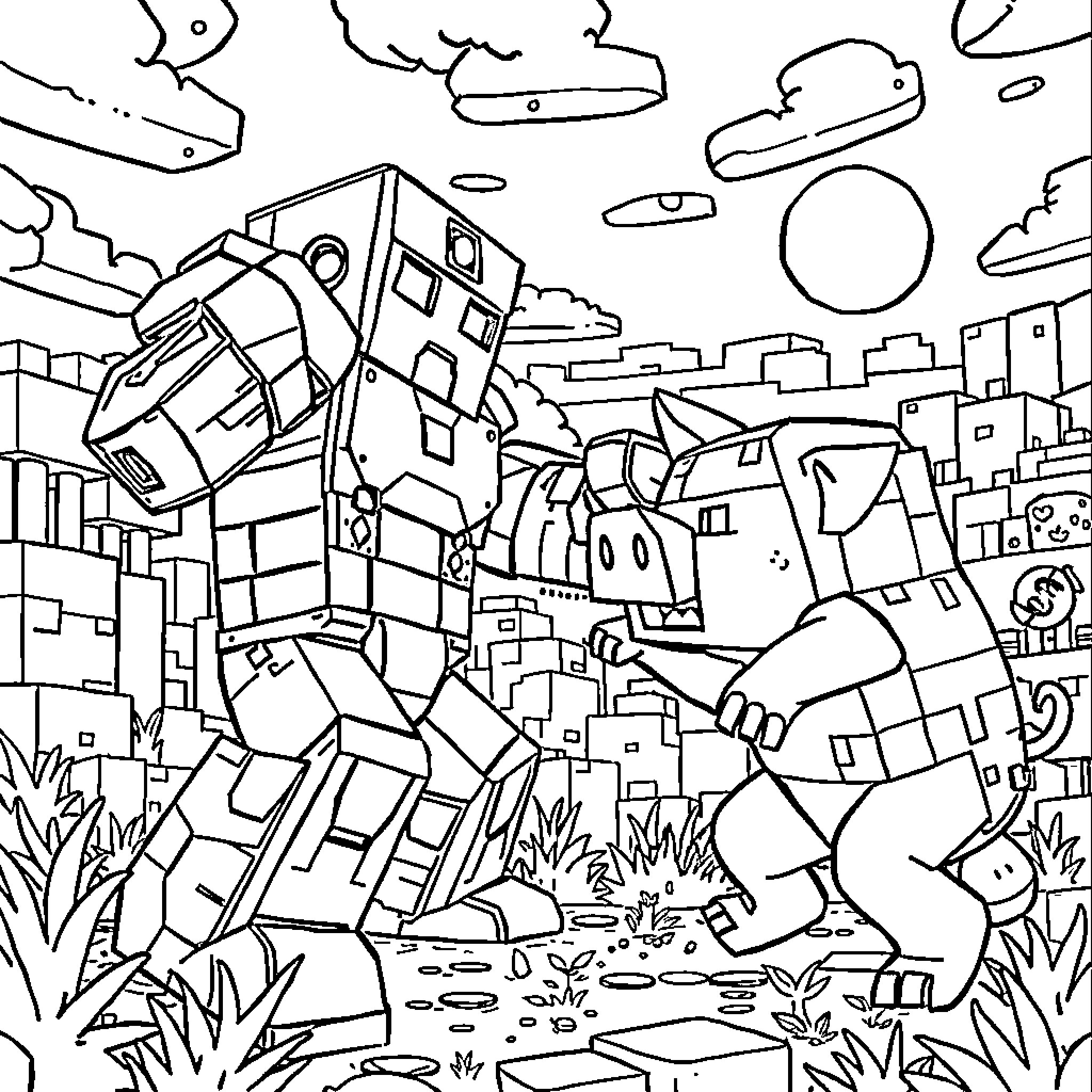 Golem Figures Clashing in a Chaotic Urban Landscape Coloring Page (free black-and-white line drawing printable PDF for all, from beginners to advanced learners, including children, teens, adults, and seniors)