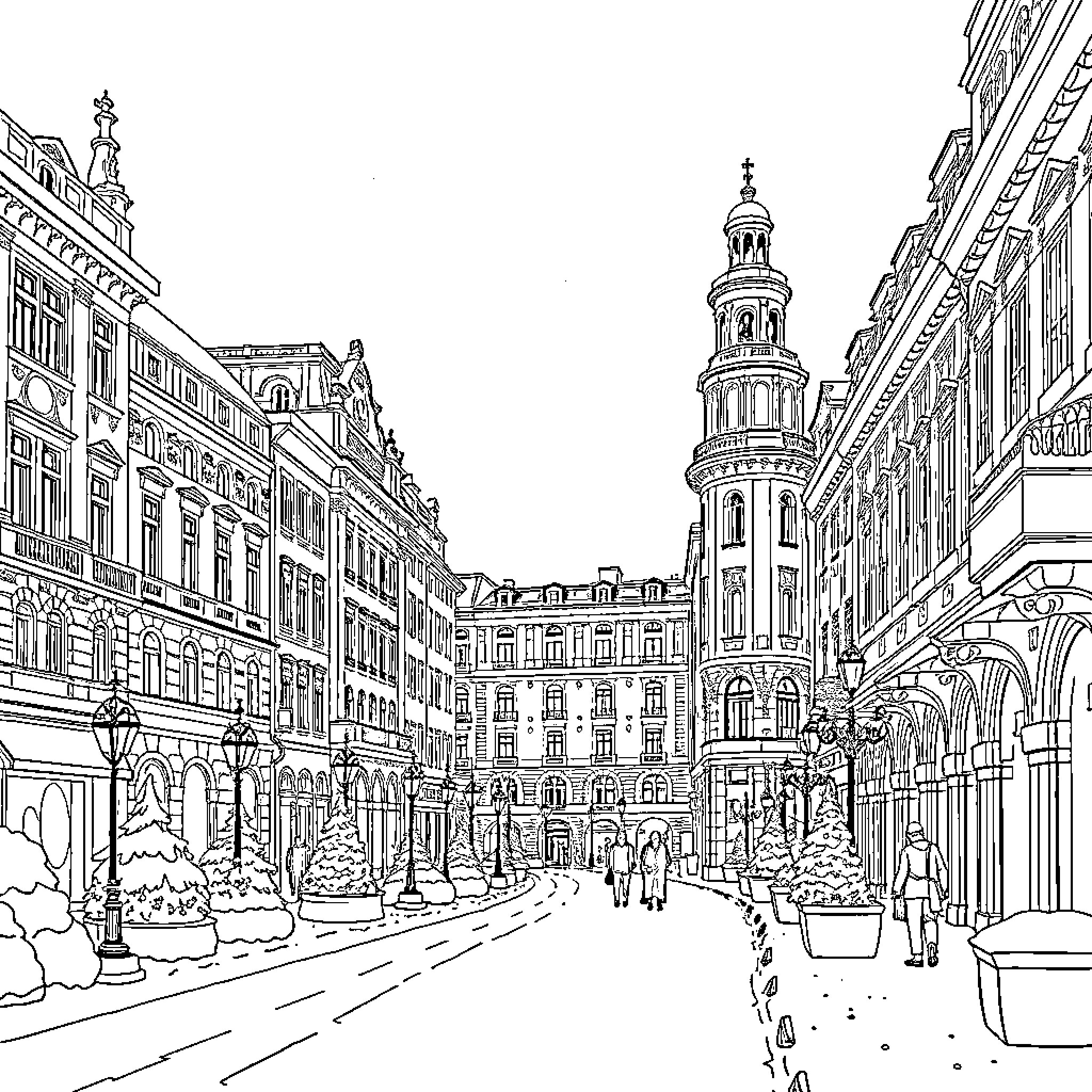 Snowing Scene in a Historic European City Coloring Page (free black-and-white line drawing printable PDF for all, from beginners to advanced learners, including children, teens, adults, and seniors)
