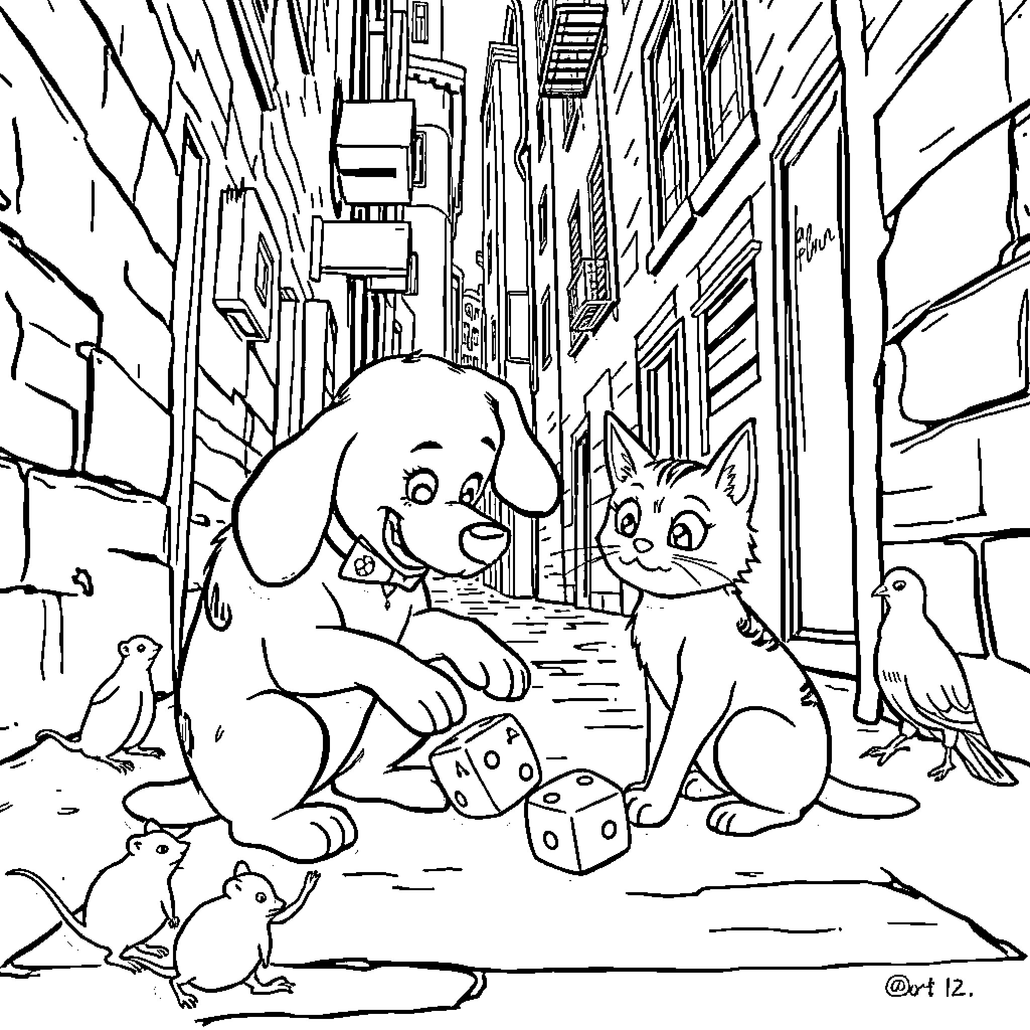 Dog and Cat Exploring the City Alley Coloring Page (free black-and-white line drawing printable PDF for all, from beginners to advanced learners, including children, teens, adults, and seniors)