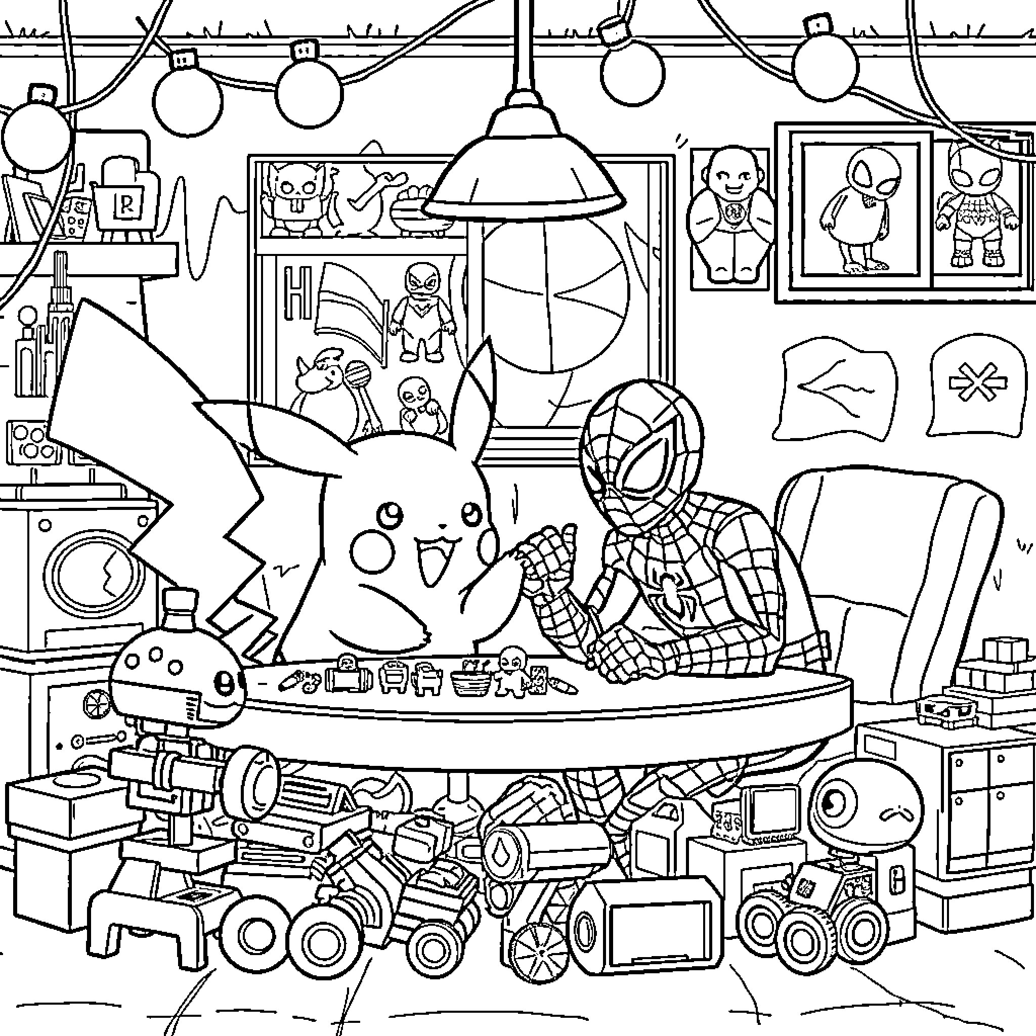 Pikachu and Spider-Man's Playful Adventure Coloring Page (free black-and-white line drawing printable PDF for all, from beginners to advanced learners, including children, teens, adults, and seniors)