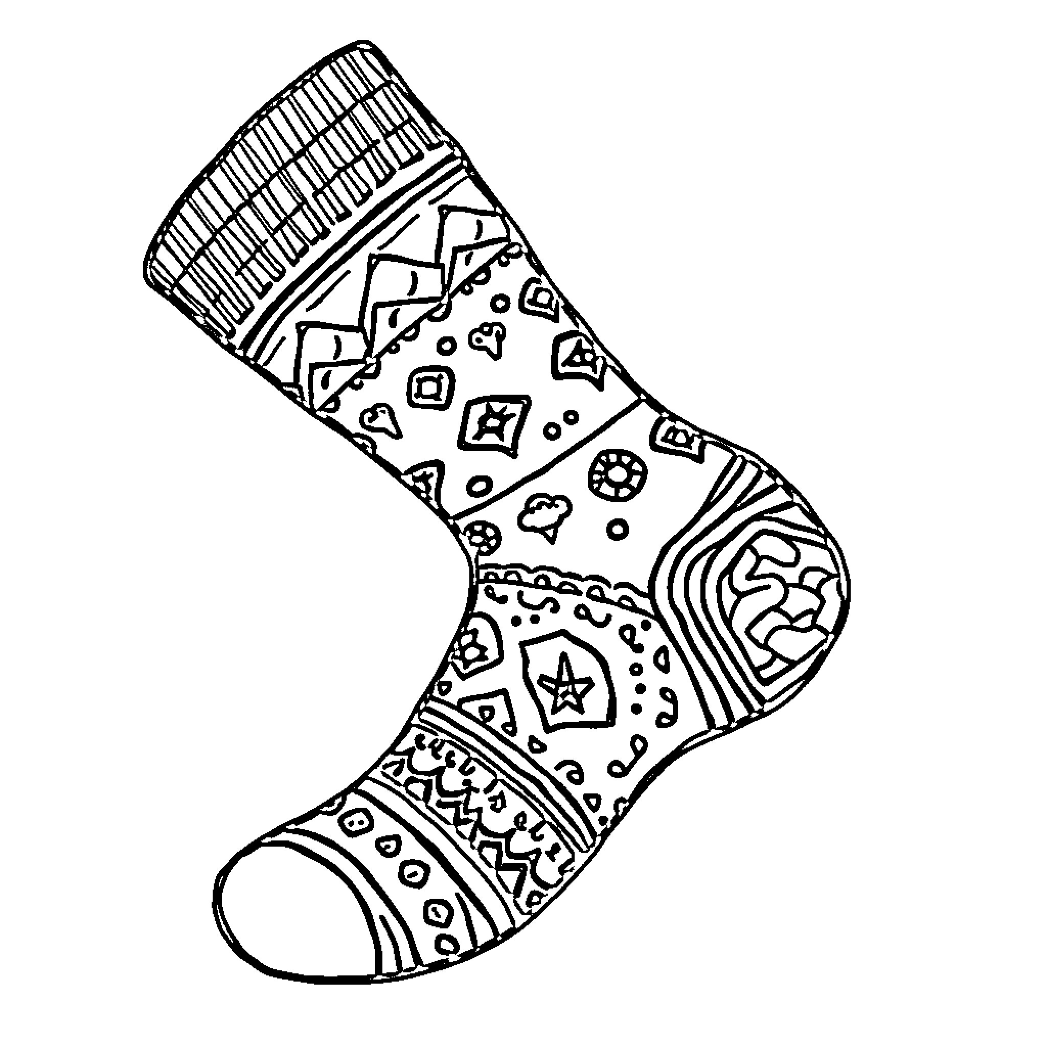 Sock with Patterned Design Coloring Page (free black-and-white line drawing printable PDF for all, from beginners to advanced learners, including children, teens, adults, and seniors)
