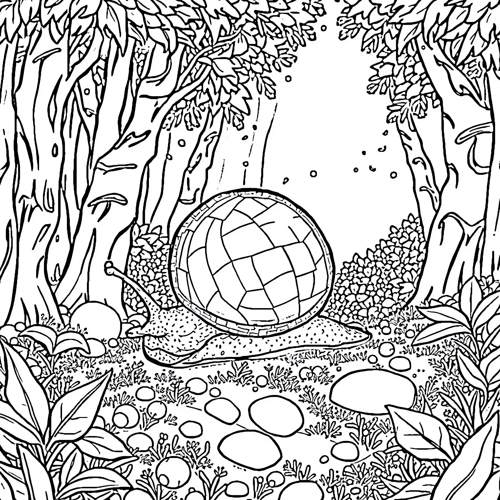 Snail exploring the enchanting forest Coloring Page (free black-and-white line drawing printable PDF for all, from beginners to advanced learners, including children, teens, adults, and seniors)