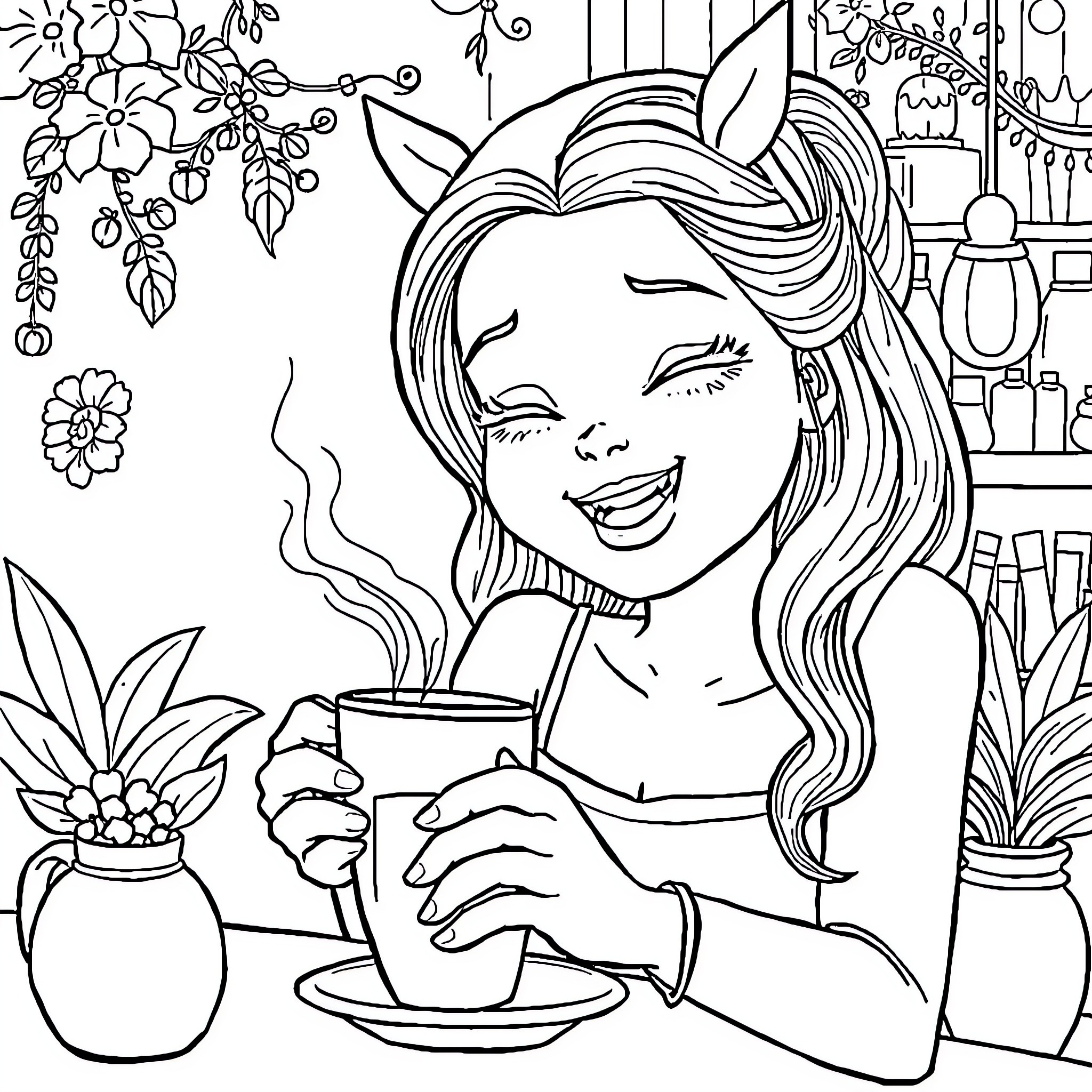 Muchacha enjoying a warm beverage in a cozy floral setting Coloring Page (free black-and-white line drawing printable PDF for all, from beginners to advanced learners, including children, teens, adults, and seniors)