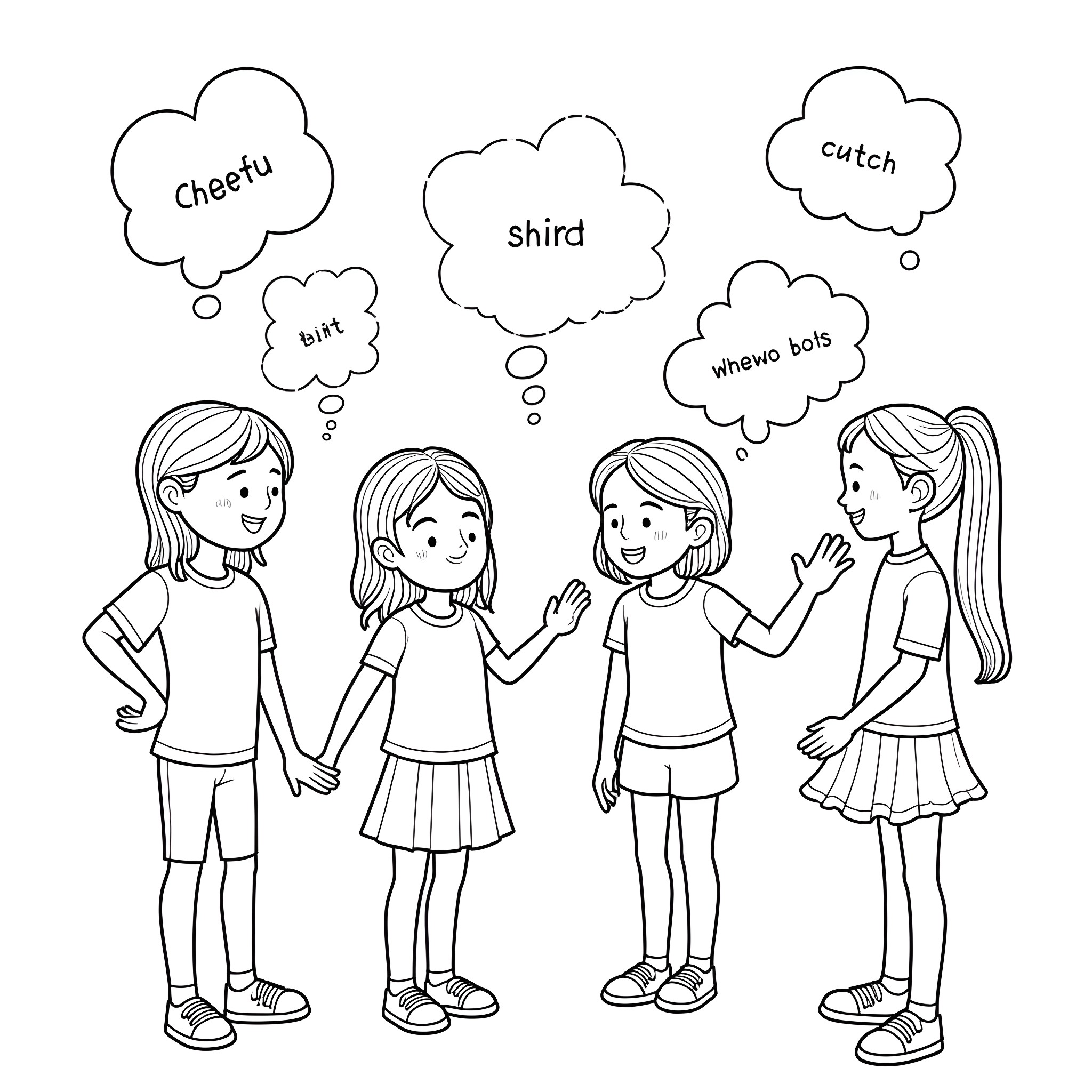 Girls chatting and expressing themselves Coloring Page (free black-and-white line drawing printable PDF for all, from beginners to advanced learners, including children, teens, adults, and seniors)