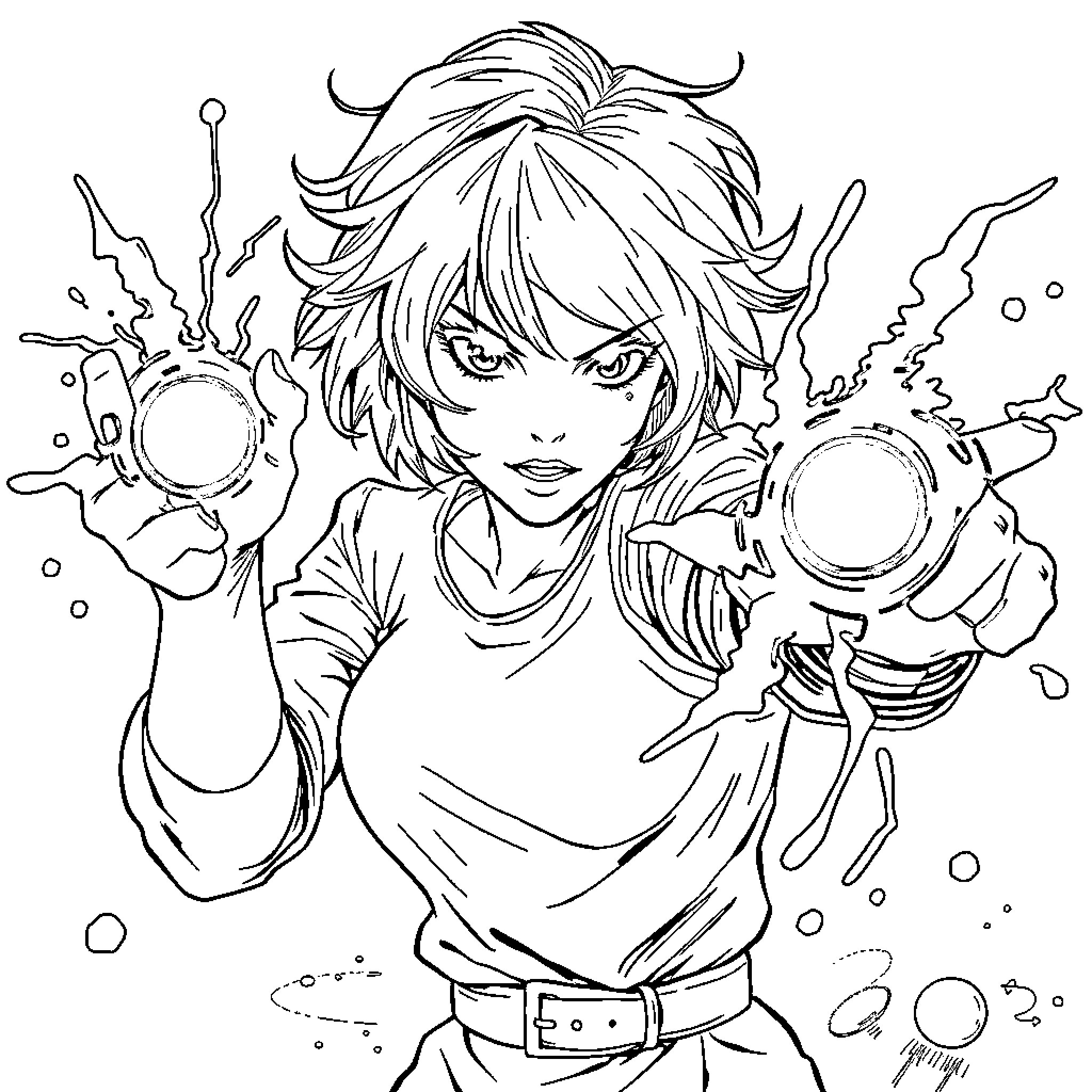 Anime Woman with Magical Powers Coloring Page (free black-and-white line drawing printable PDF for all, from beginners to advanced learners, including children, teens, adults, and seniors)