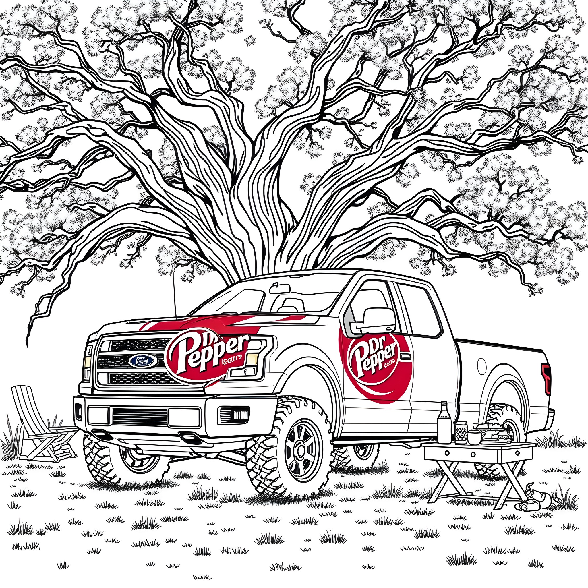F-150 Truck Parked Under Blooming Tree Coloring Page (free black-and-white line drawing printable PDF for all, from beginners to advanced learners, including children, teens, adults, and seniors)