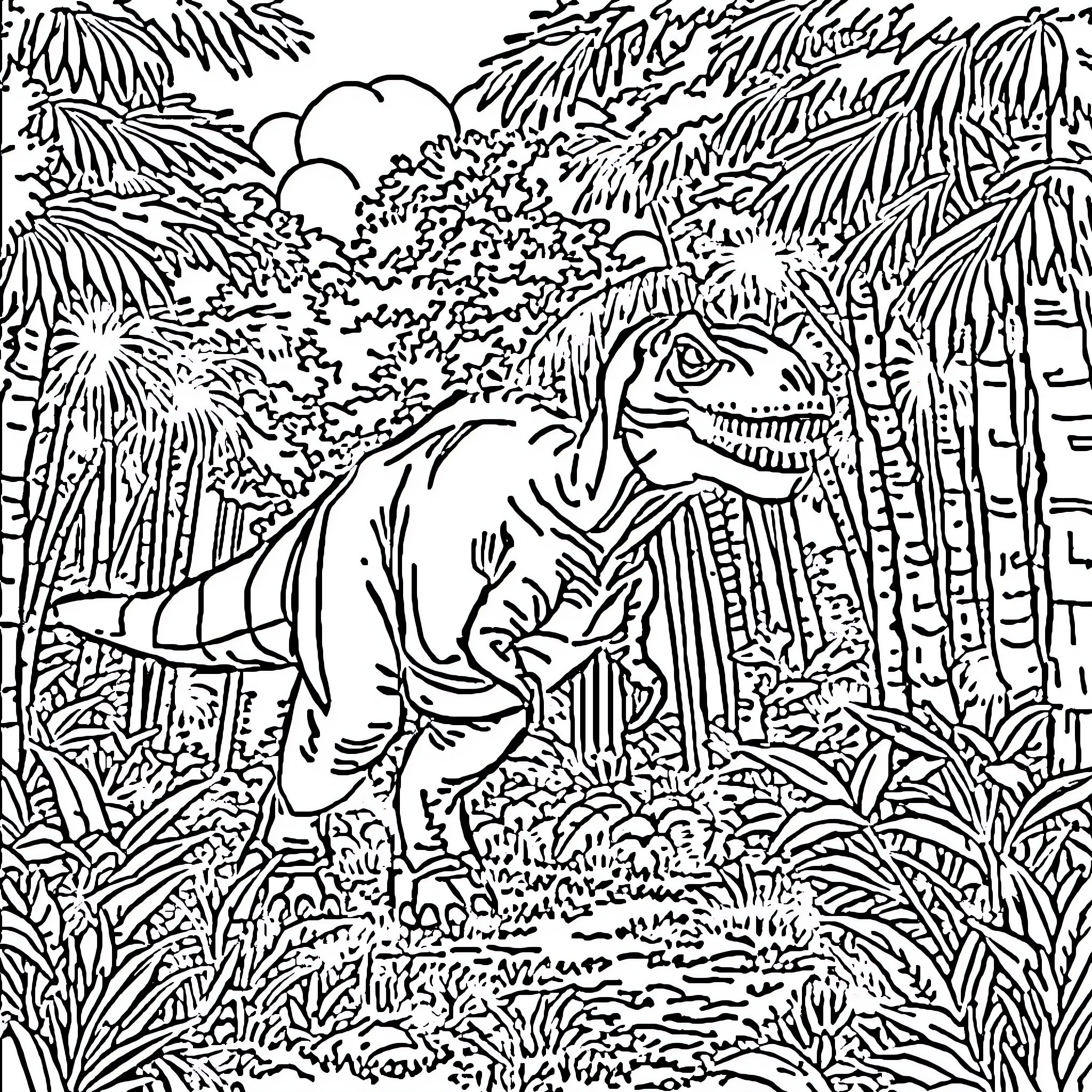 Dinosaur prowling through the dense jungle foliage Coloring Page (free black-and-white line drawing printable PDF for all, from beginners to advanced learners, including children, teens, adults, and seniors)