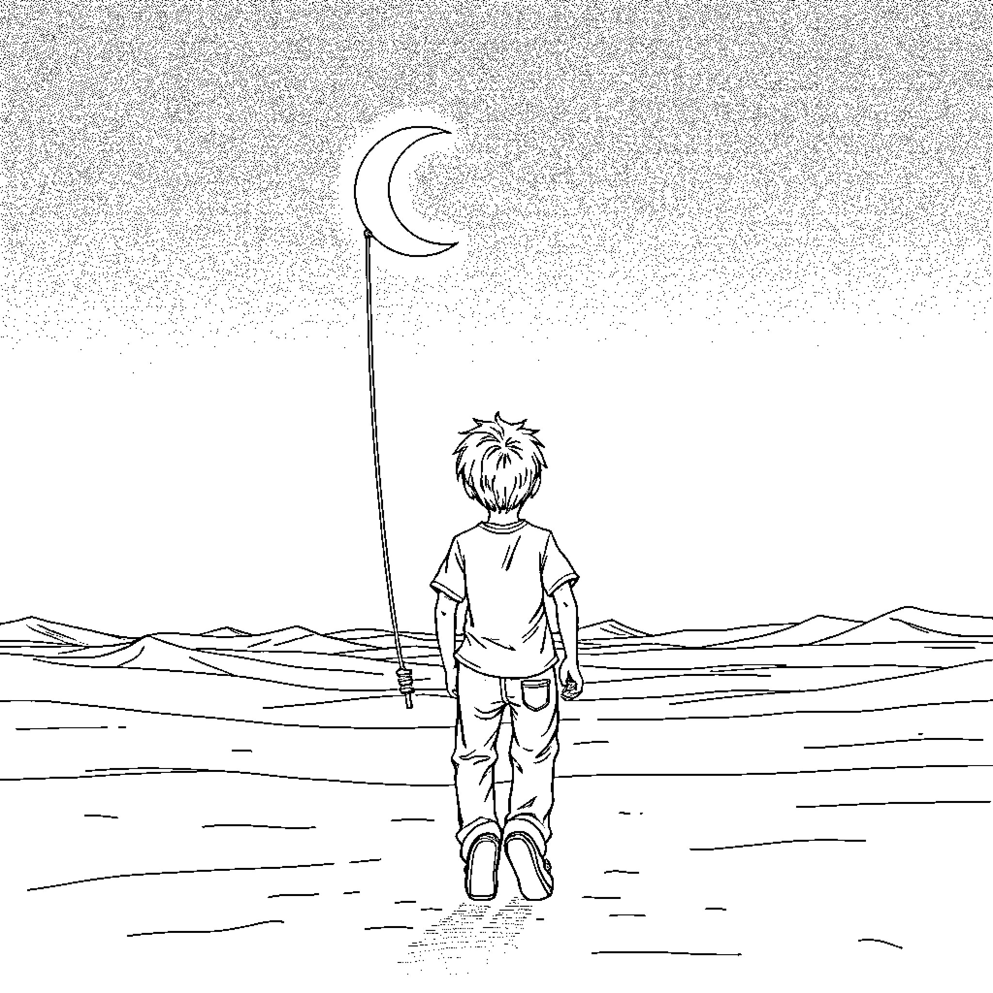 Child gazing up at the crescent moon in the night Coloring Page (free black-and-white line drawing printable PDF for all, from beginners to advanced learners, including children, teens, adults, and seniors)
