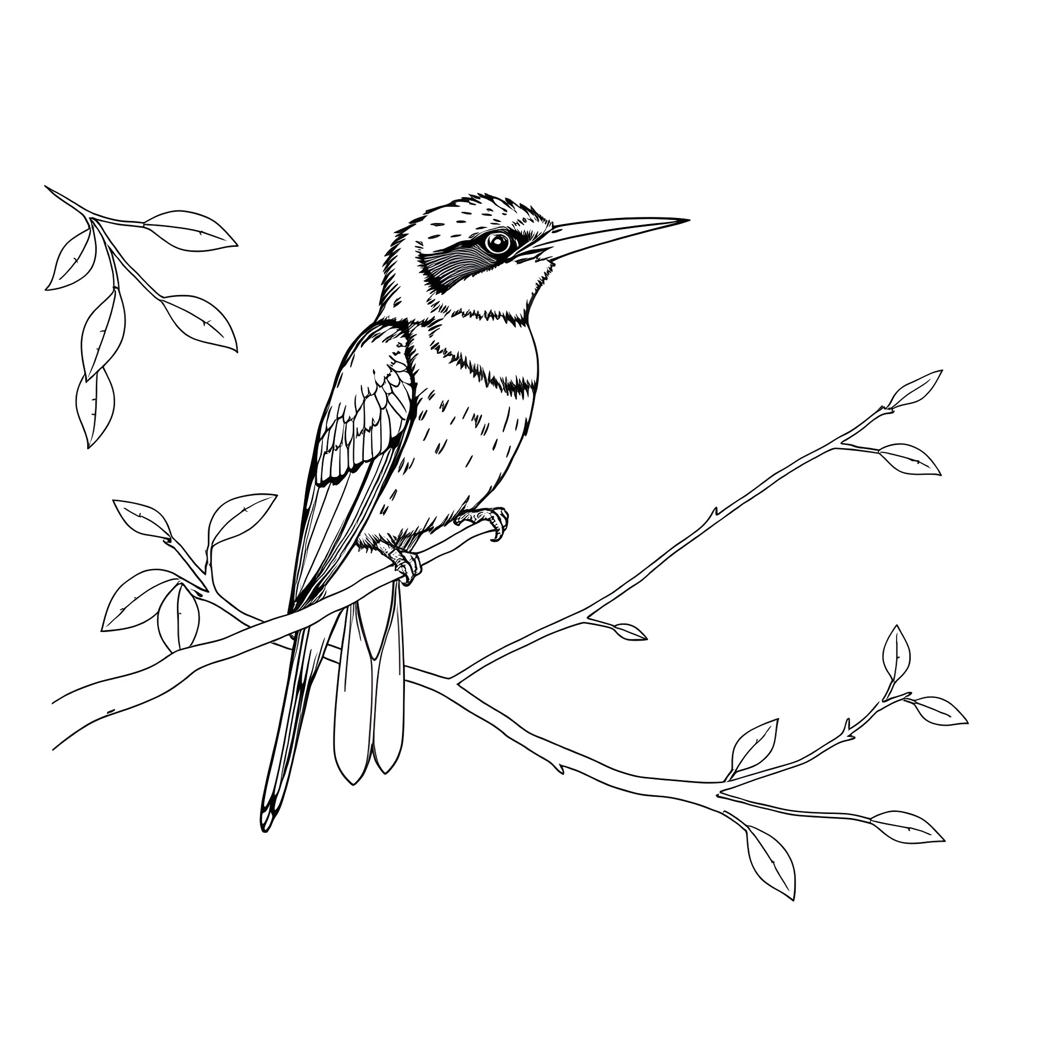 Bee Eater perched on branch with foliage Coloring Page (free black-and-white line drawing printable PDF for all, from beginners to advanced learners, including children, teens, adults, and seniors)