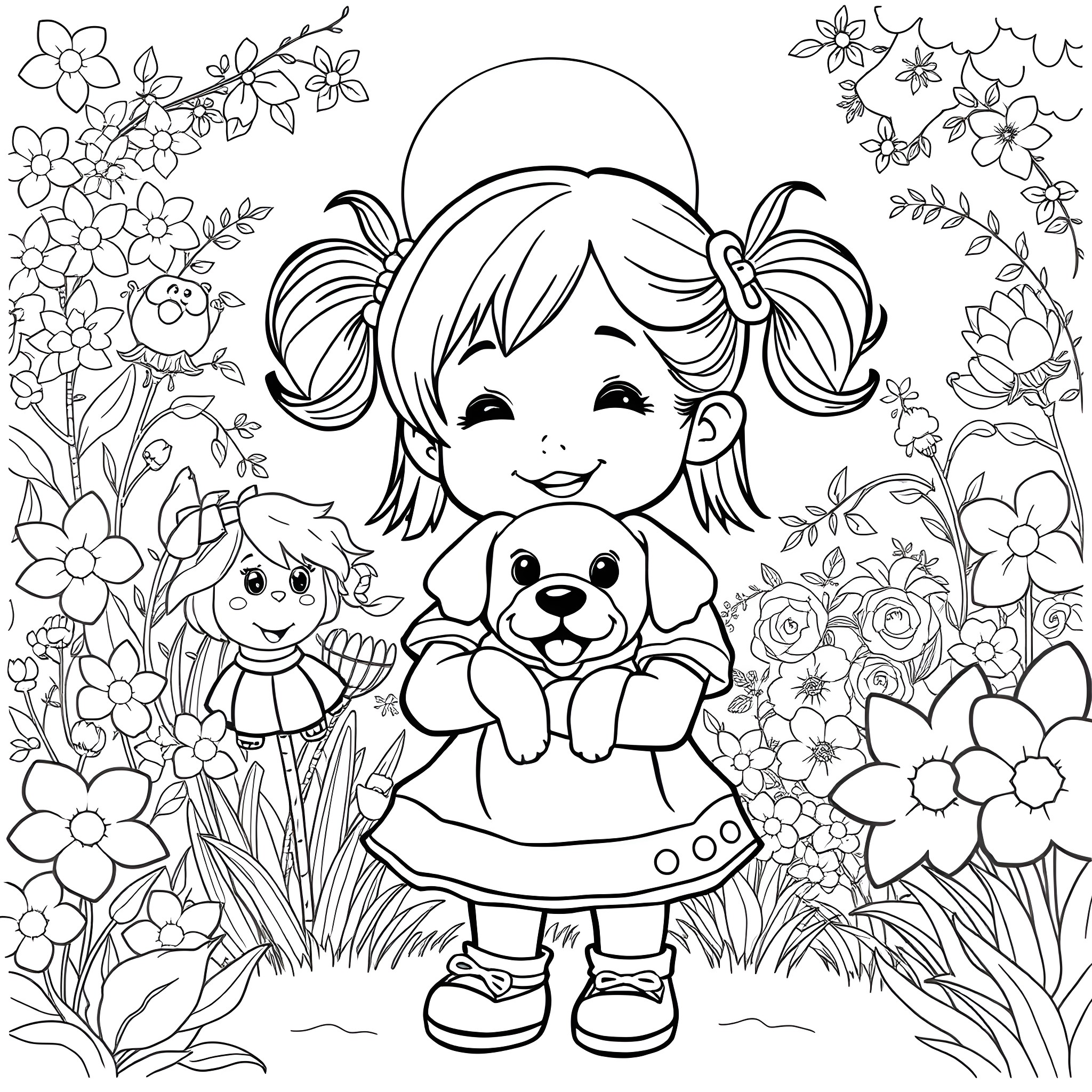 Girl with a pet dog in a floral garden Coloring Page (free black-and-white line drawing printable PDF for all, from beginners to advanced learners, including children, teens, adults, and seniors)