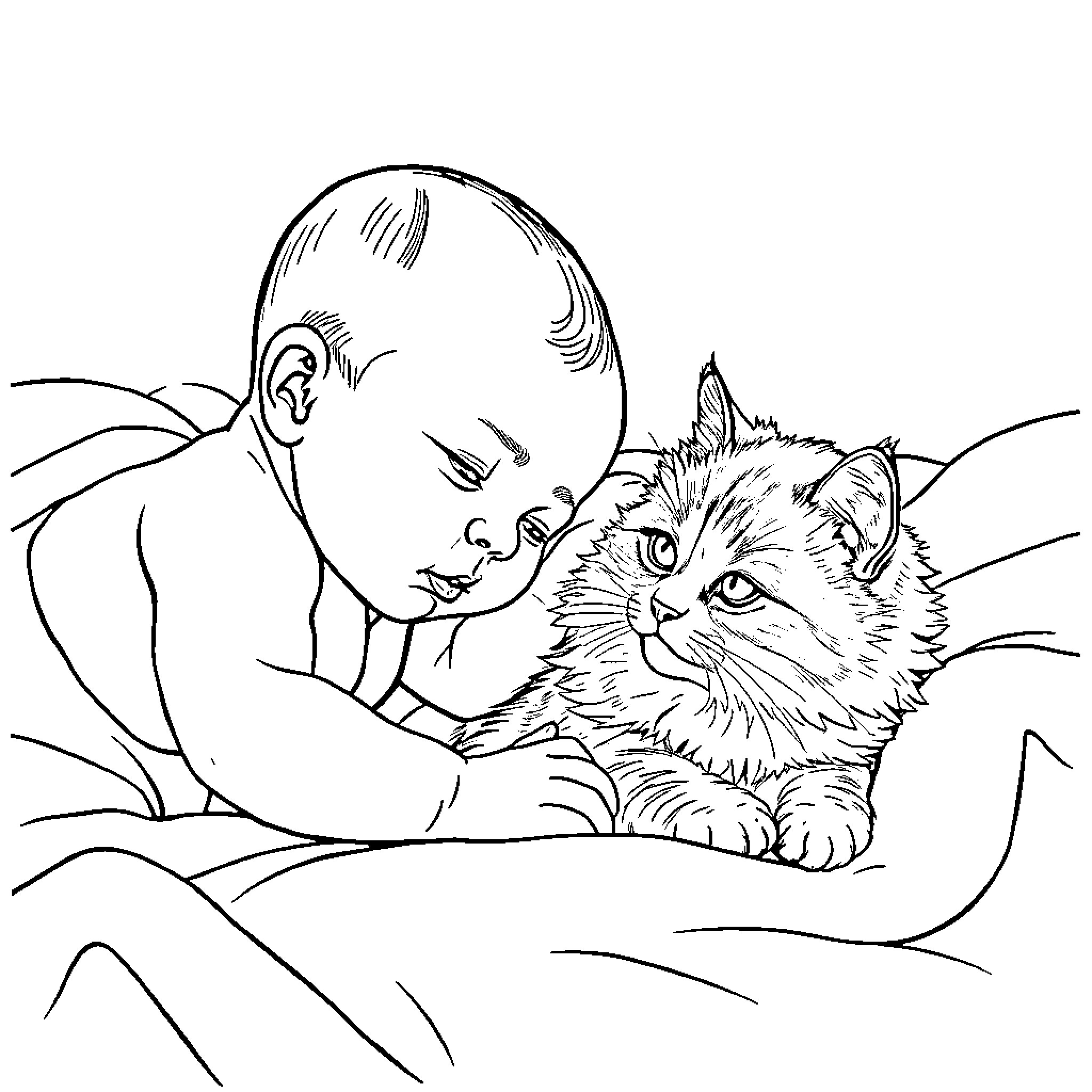 Baby cuddling furry cat Coloring Page (free black-and-white line drawing printable PDF for all, from beginners to advanced learners, including children, teens, adults, and seniors)