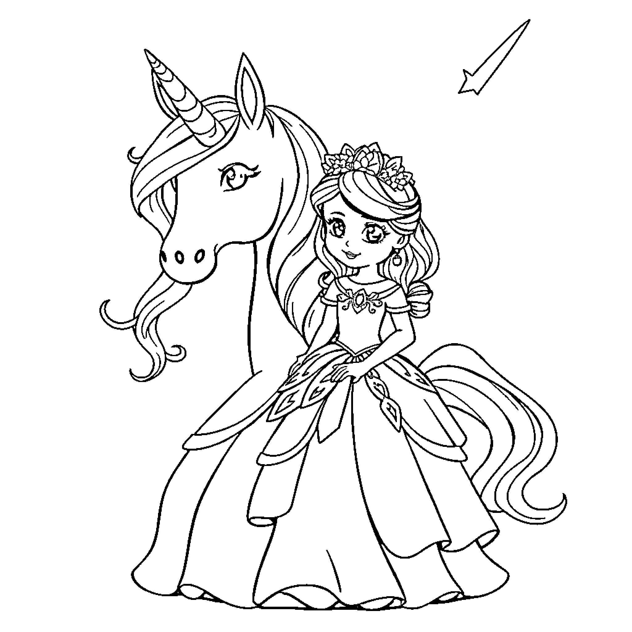 Princess and Unicorn in Enchanting Attire Coloring Page (free black-and-white line drawing printable PDF for all, from beginners to advanced learners, including children, teens, adults, and seniors)