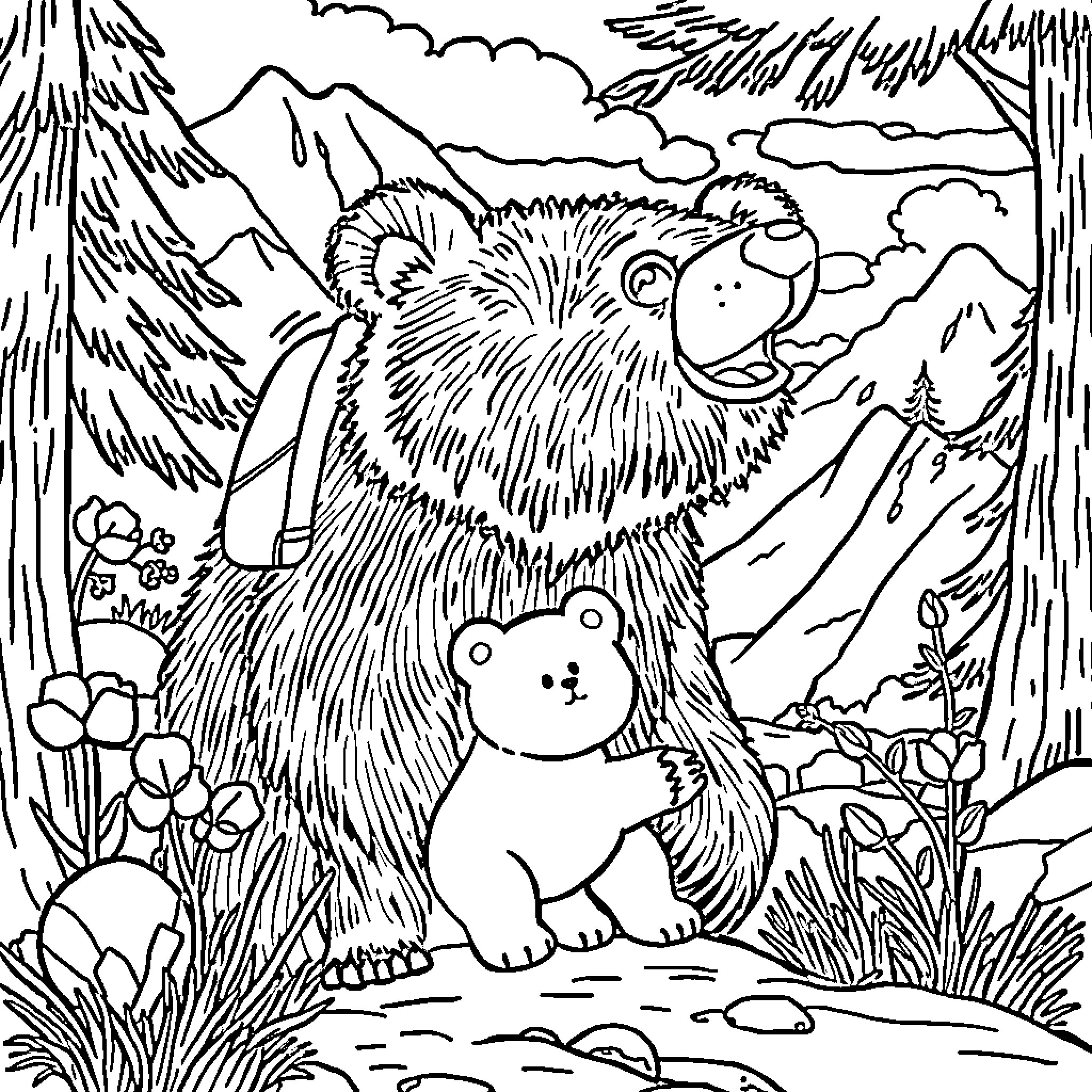 Bear and Cub in Mountainous Landscape Coloring Page (free black-and-white line drawing printable PDF for all, from beginners to advanced learners, including children, teens, adults, and seniors)