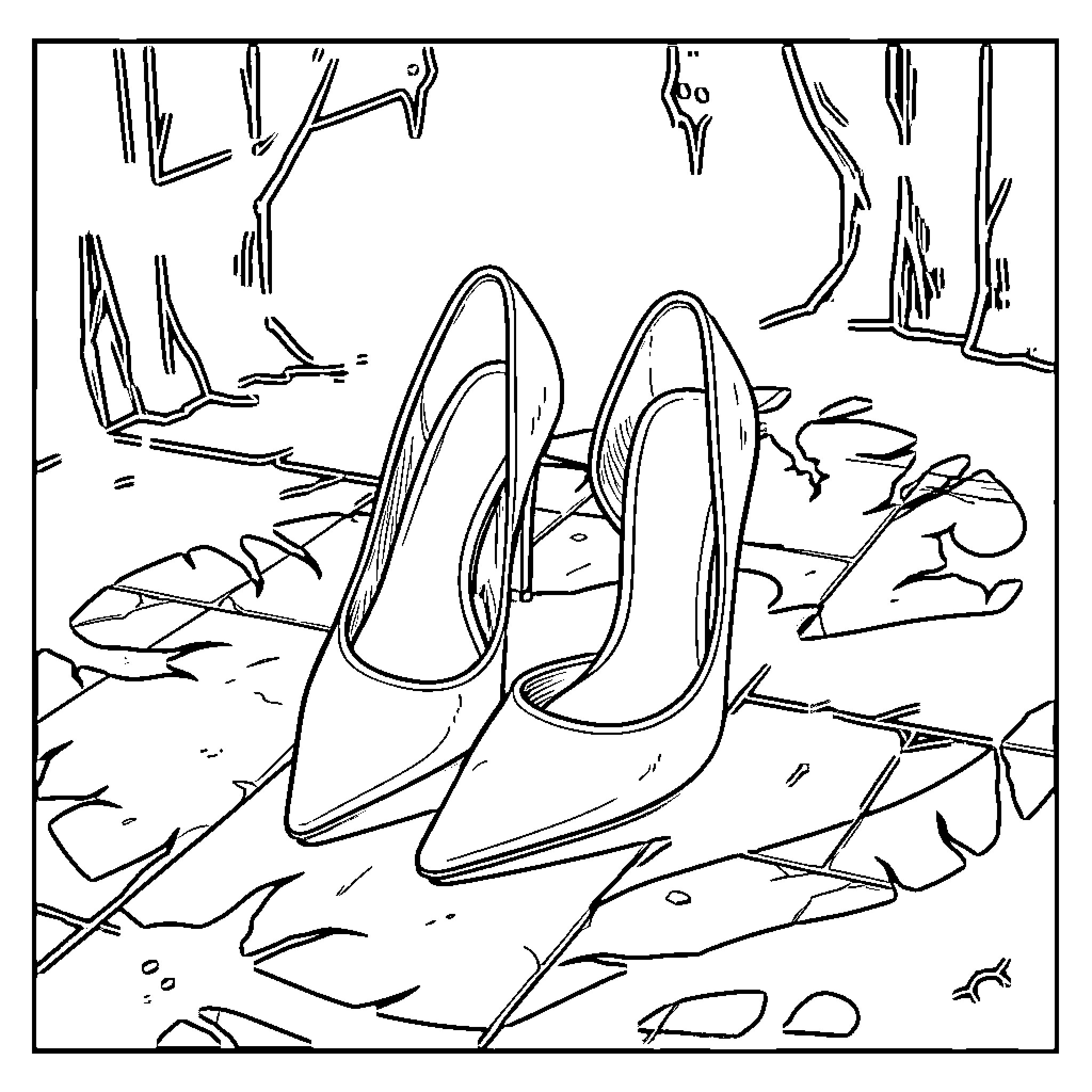High Heel shoes resting on a patterned surface Coloring Page (free black-and-white line drawing printable PDF for all, from beginners to advanced learners, including children, teens, adults, and seniors)