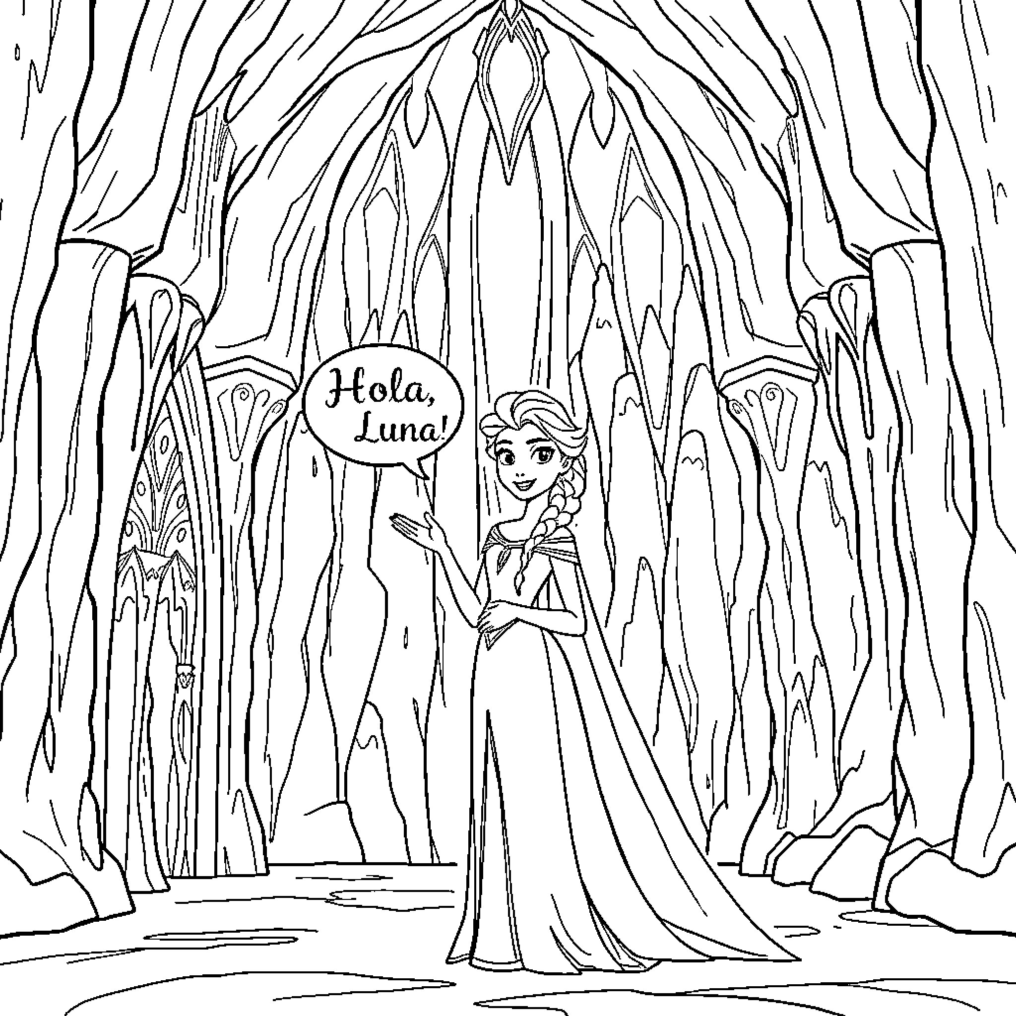 Elsa's Icy Adventure in the Enchanted Forest Coloring Page (free black-and-white line drawing printable PDF for all, from beginners to advanced learners, including children, teens, adults, and seniors)