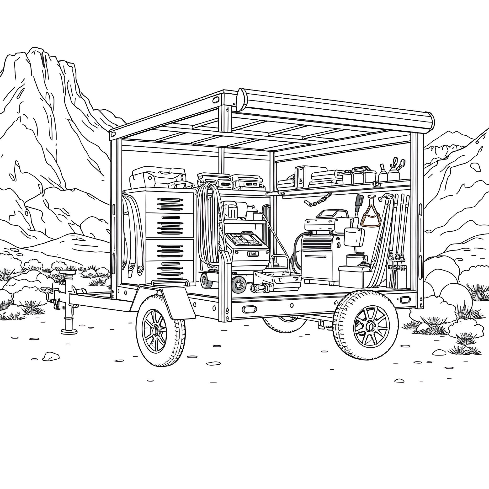 Car Trailer Loaded with Equipment in Mountainous Landscape Coloring Page (free black-and-white line drawing printable PDF for all, from beginners to advanced learners, including children, teens, adults, and seniors)