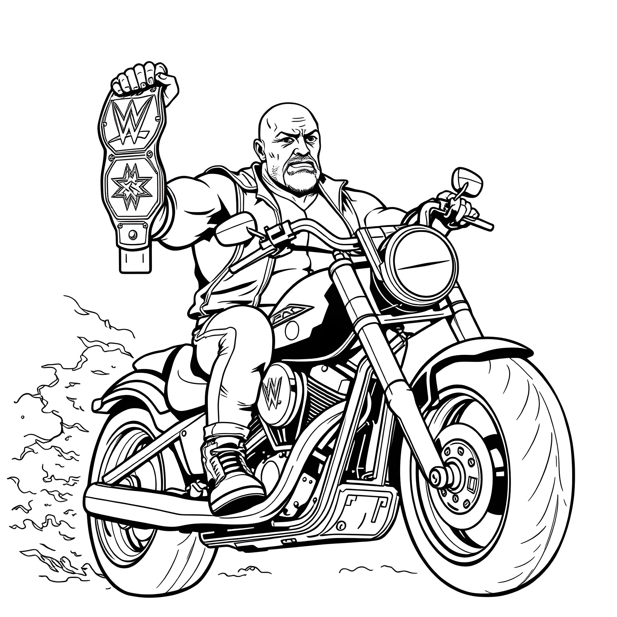 Wrestler riding powerful motorcycle on the road Coloring Page (free black-and-white line drawing printable PDF for all, from beginners to advanced learners, including children, teens, adults, and seniors)