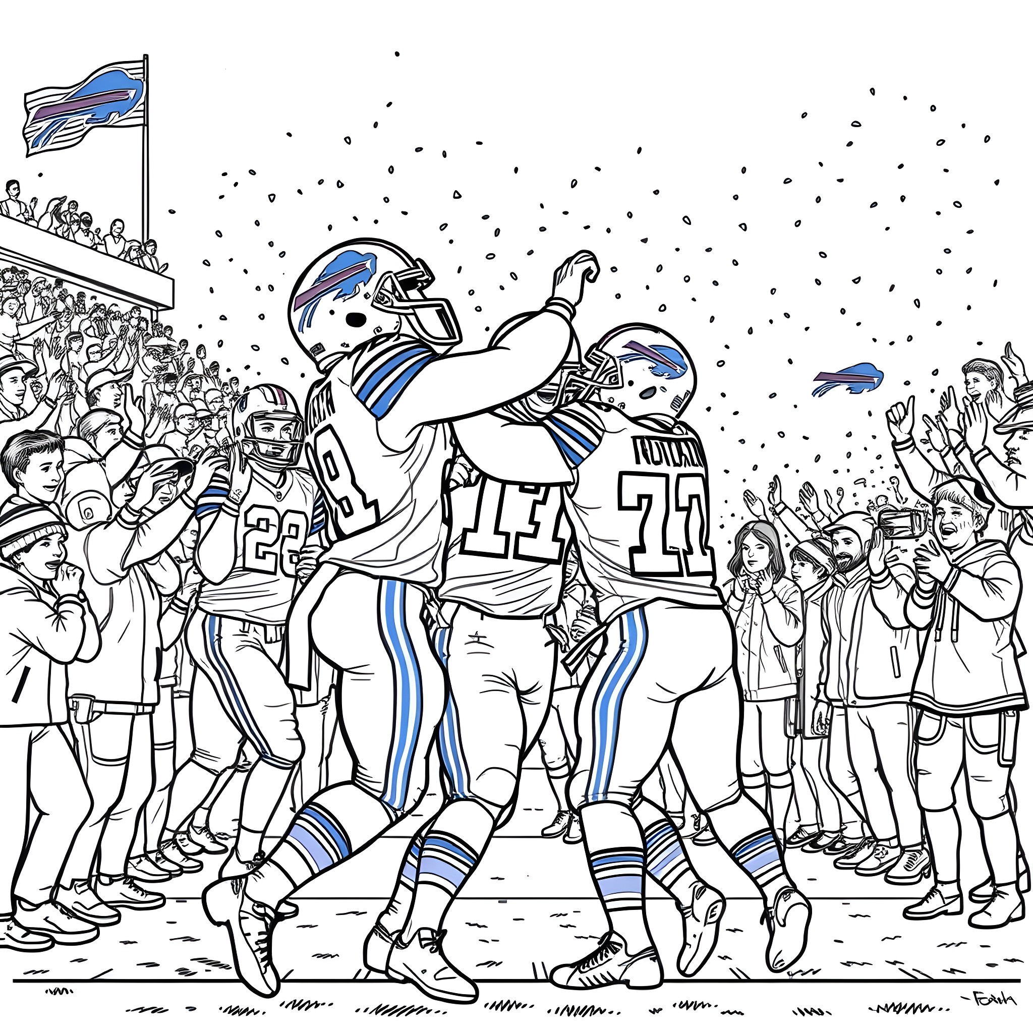 Buffalo football players celebrating victory on the field Coloring Page (free black-and-white line drawing printable PDF for all, from beginners to advanced learners, including children, teens, adults, and seniors)