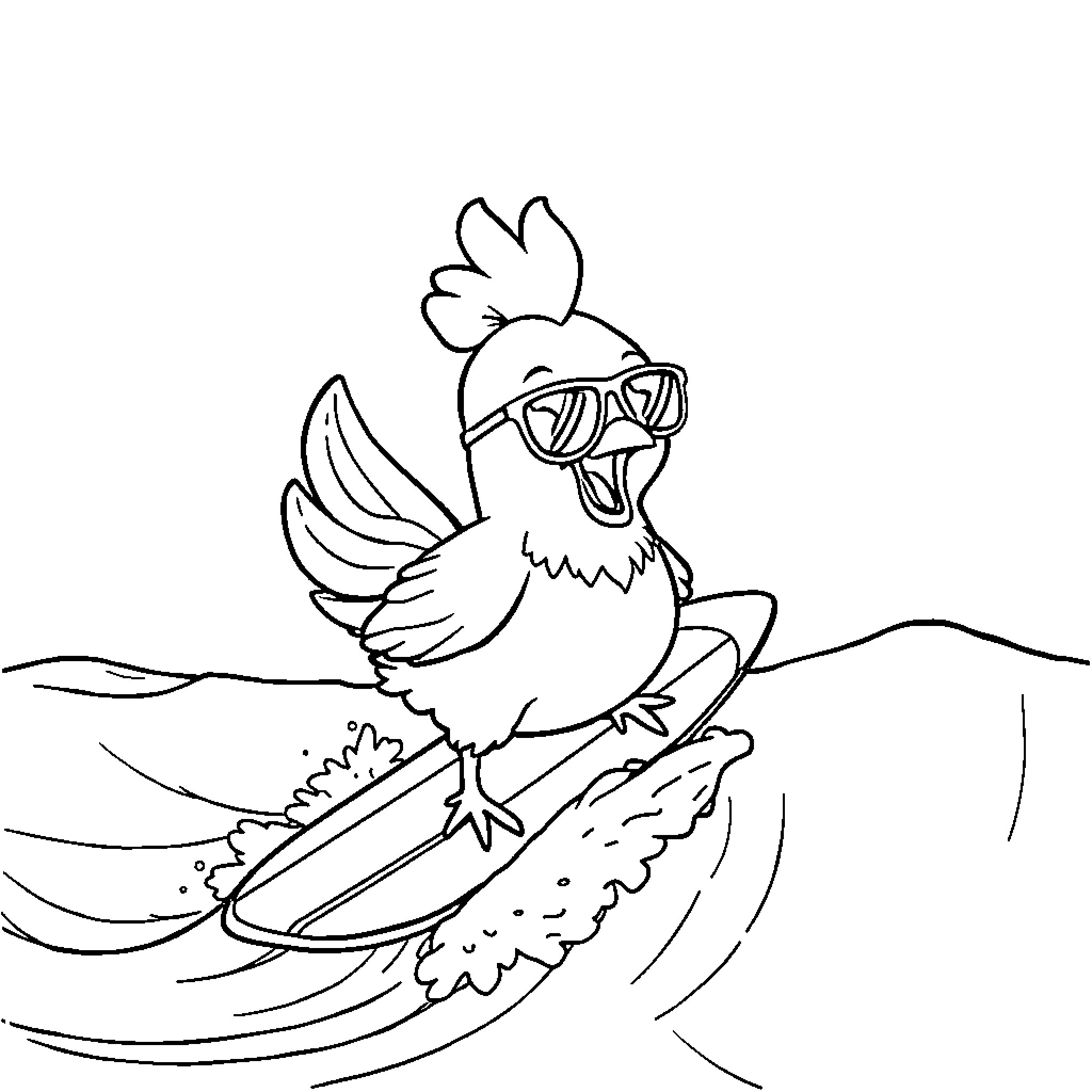 Chicken wearing sunglasses and surfing Coloring Page (free black-and-white line drawing printable PDF for all, from beginners to advanced learners, including children, teens, adults, and seniors)