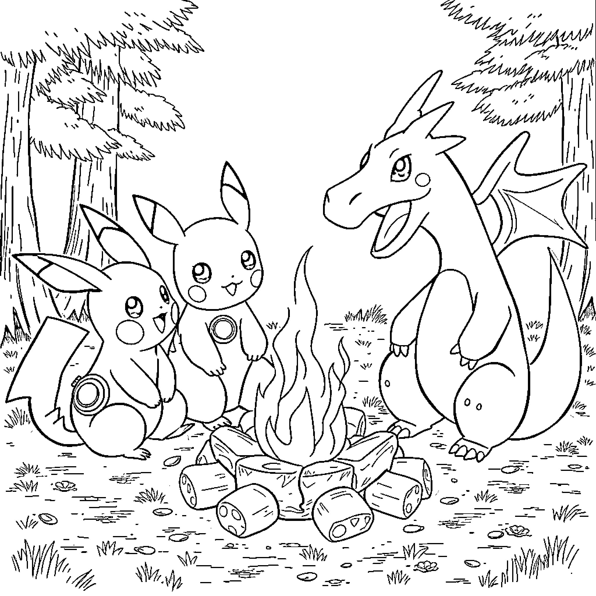 Pokémon friends having a campfire in the forest Coloring Page (free black-and-white line drawing printable PDF for all, from beginners to advanced learners, including children, teens, adults, and seniors)