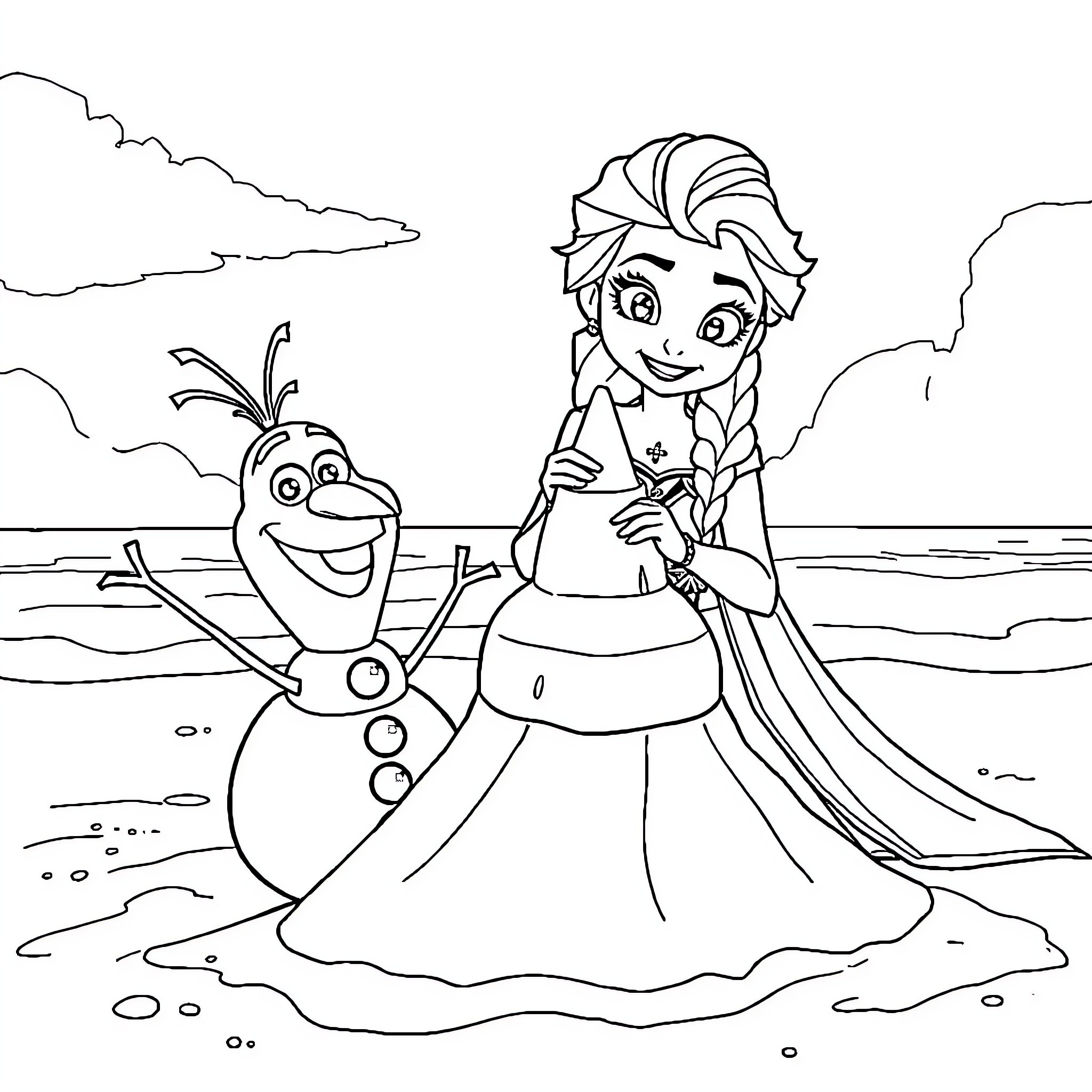 Elsa playing happily with Olaf on the beach Coloring Page (free black-and-white line drawing printable PDF for all, from beginners to advanced learners, including children, teens, adults, and seniors)