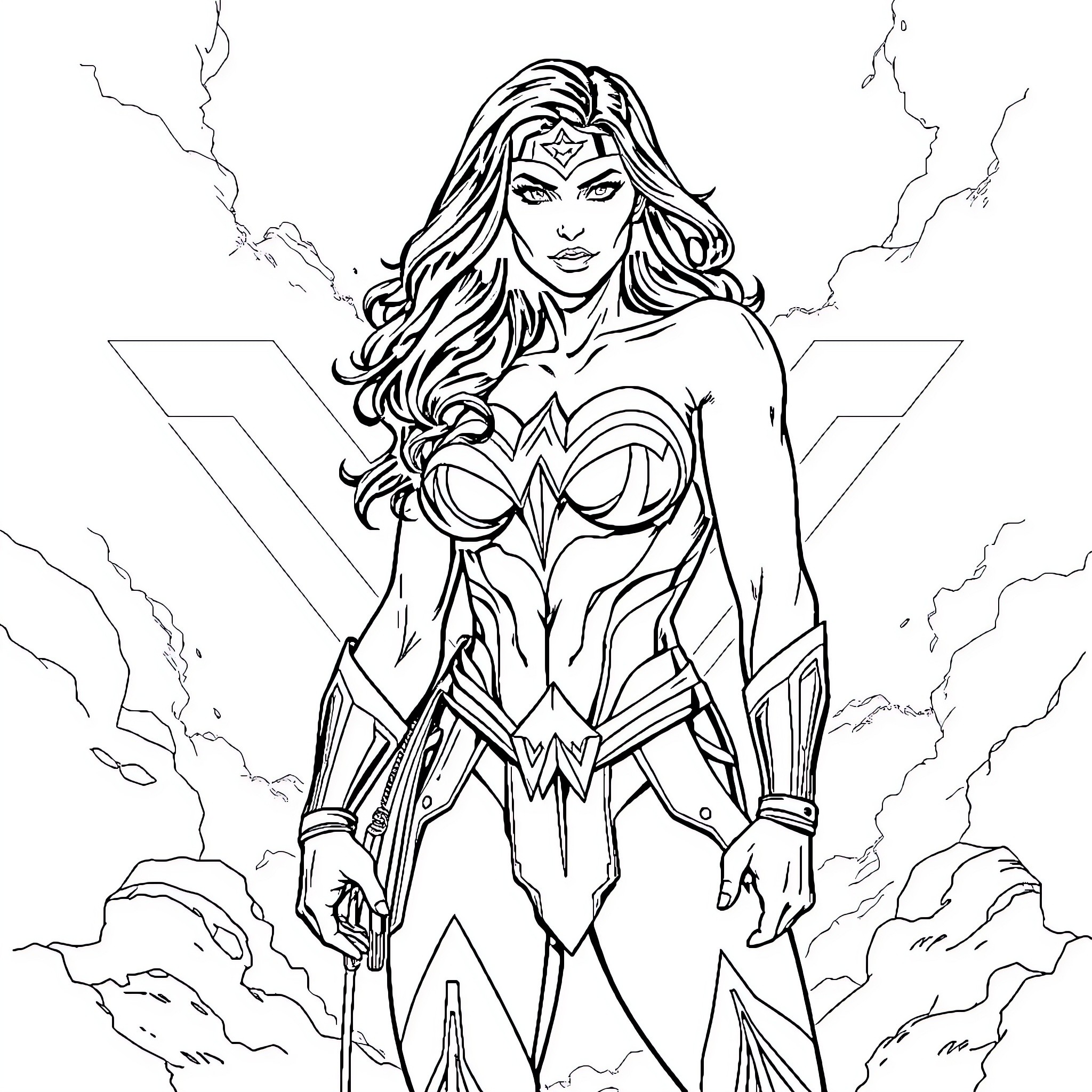 Wonder Woman standing heroically in an epic scene Coloring Page (free black-and-white line drawing printable PDF for all, from beginners to advanced learners, including children, teens, adults, and seniors)
