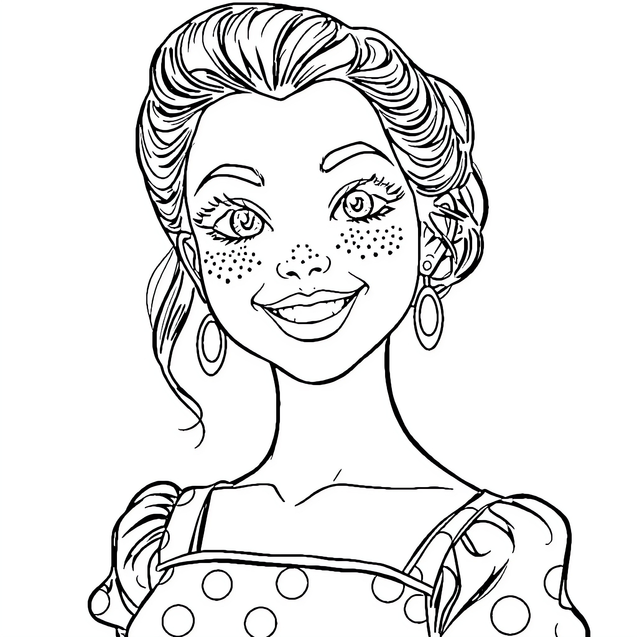 Pin Up Girl with Playful Polka Dot Dress and Charming Smile Coloring Page (free black-and-white line drawing printable PDF for all, from beginners to advanced learners, including children, teens, adults, and seniors)