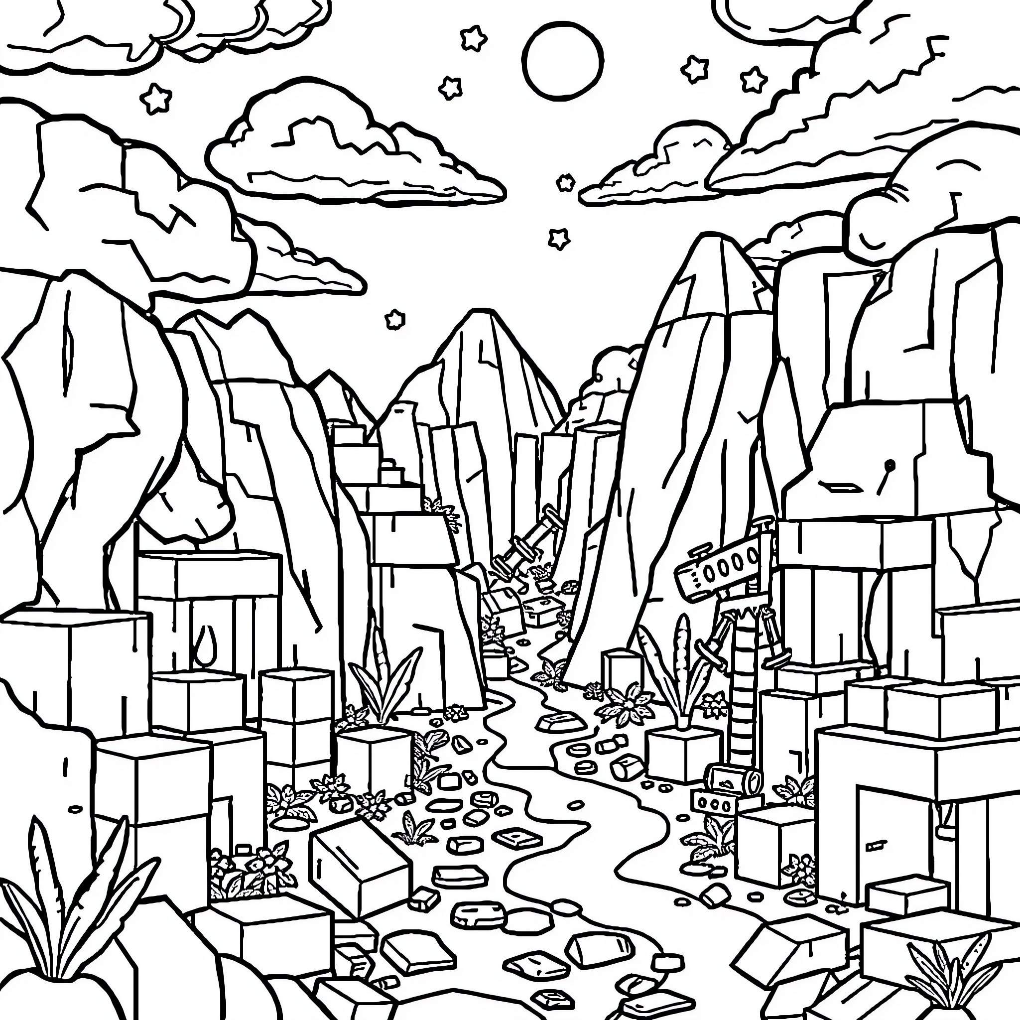 Minecraft Landscape with Mountainous Terrain and Structures Coloring Page (free black-and-white line drawing printable PDF for all, from beginners to advanced learners, including children, teens, adults, and seniors)