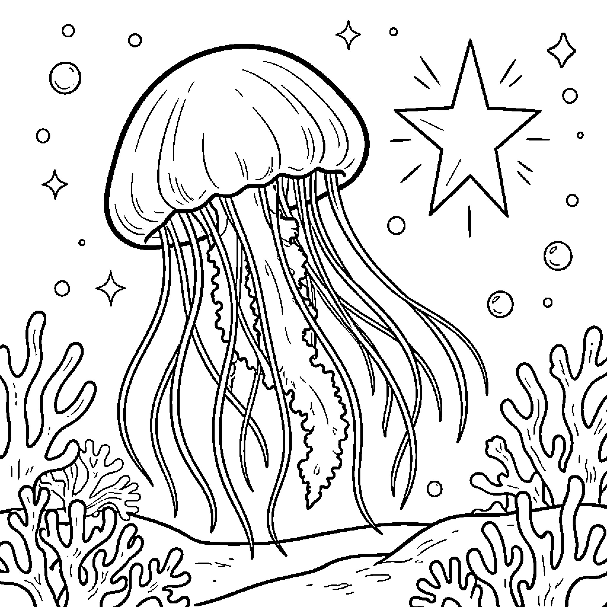 Jellyfish swimming gracefully through an underwater coral reef Coloring Page (free black-and-white line drawing printable PDF for all, from beginners to advanced learners, including children, teens, adults, and seniors)