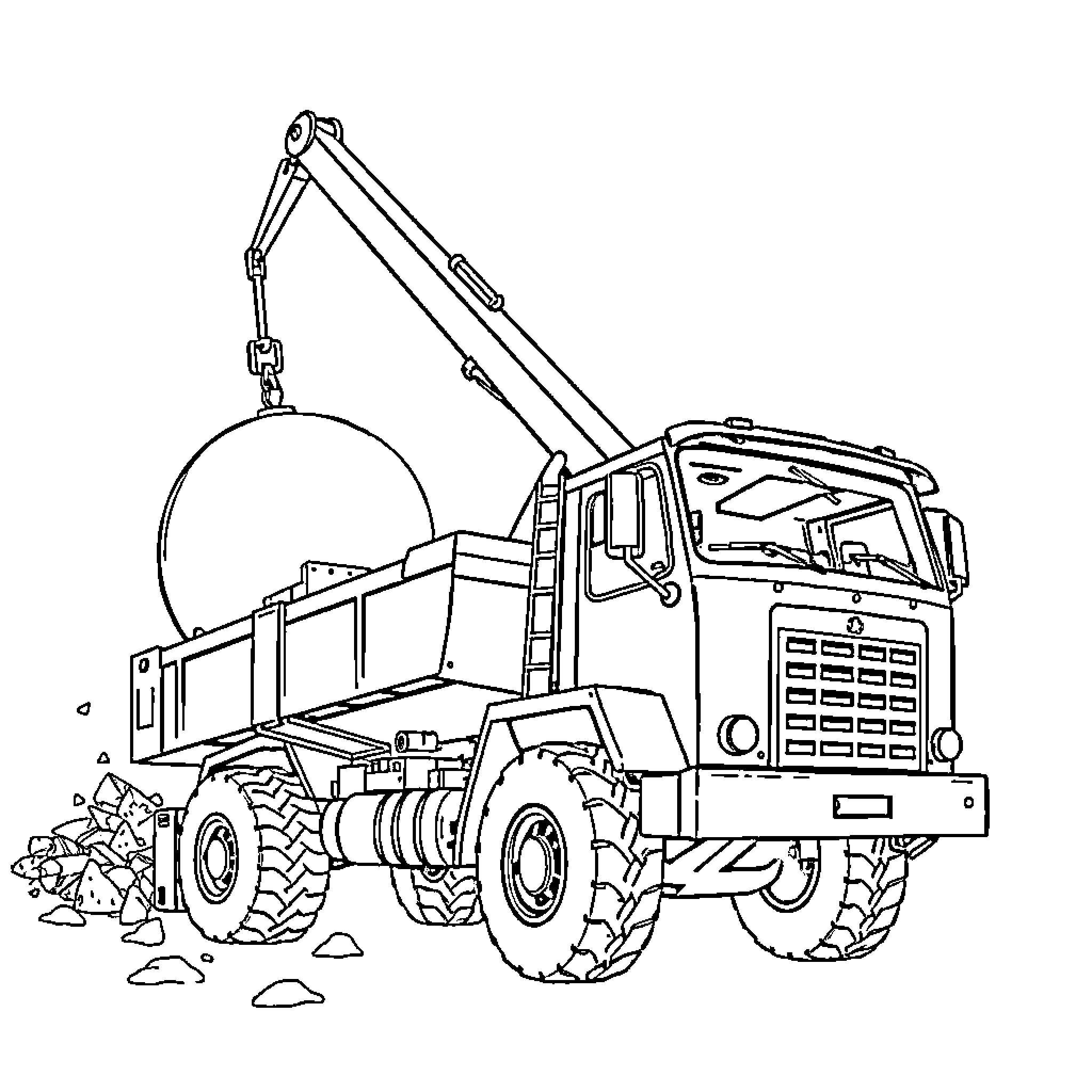 Demolition Truck Crushing Debris on Construction Site Coloring Page (free black-and-white line drawing printable PDF for all, from beginners to advanced learners, including children, teens, adults, and seniors)
