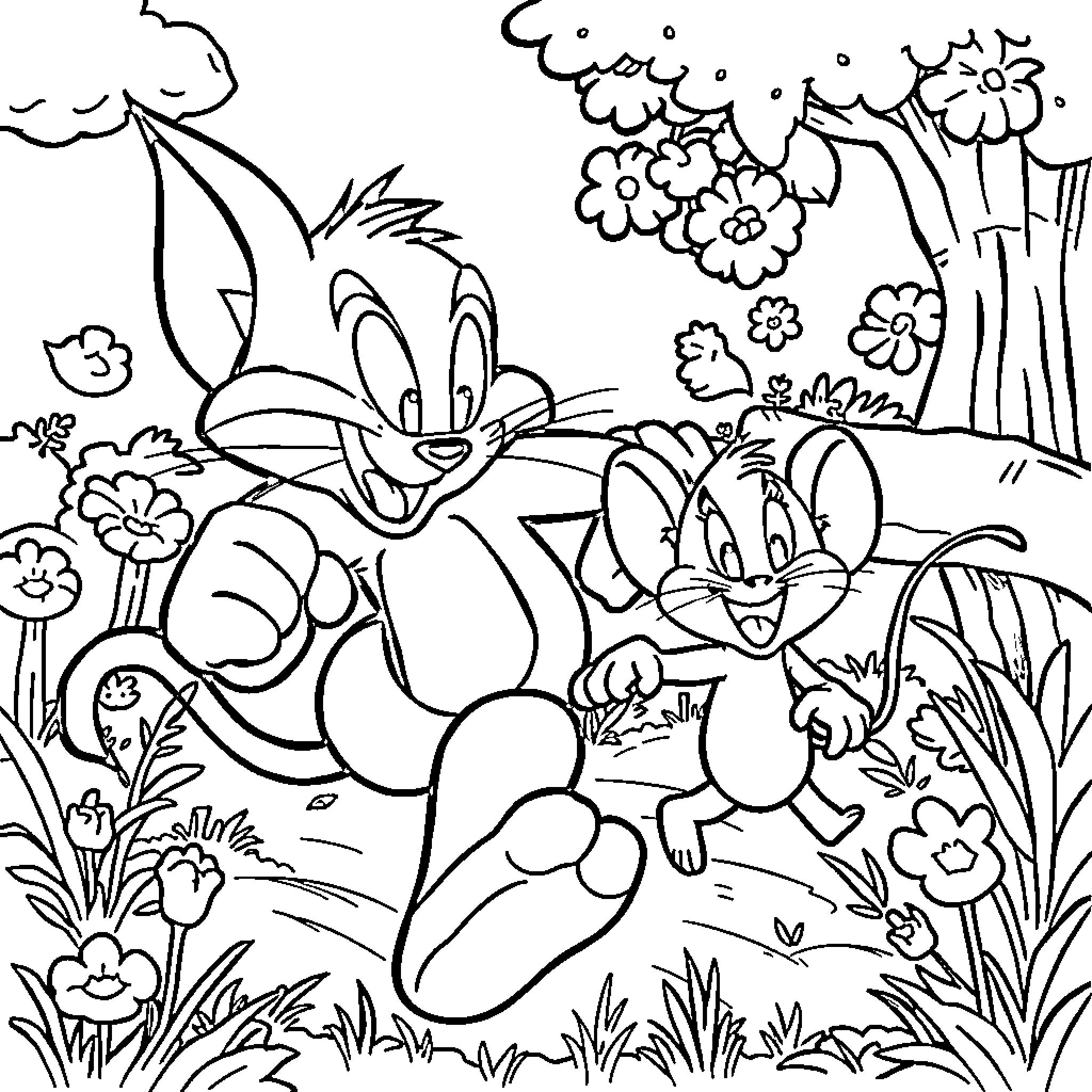 Tom and Jerry's Playful Adventure in the Flowering Garden Coloring Page (free black-and-white line drawing printable PDF for all, from beginners to advanced learners, including children, teens, adults, and seniors)