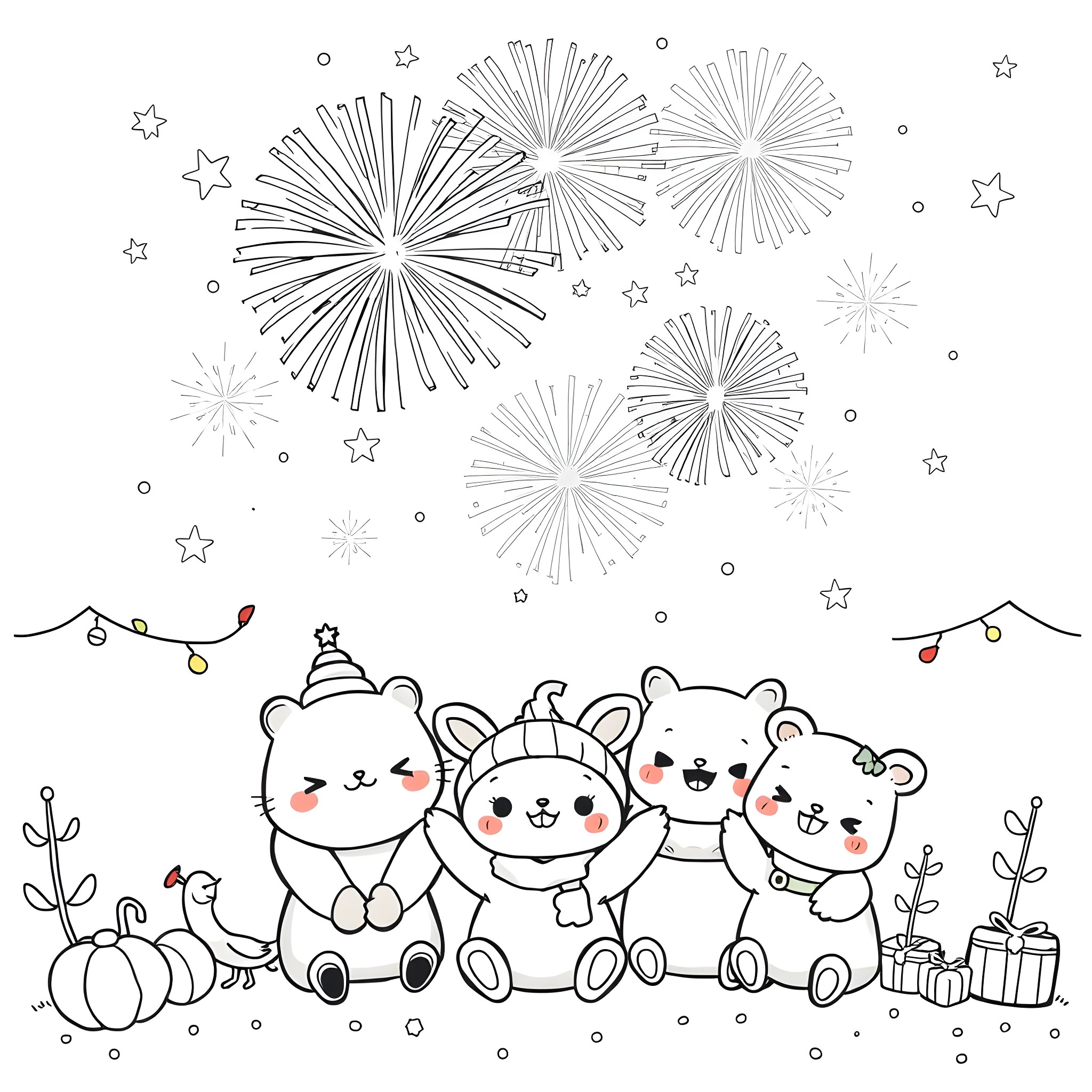 Animals celebrating with fireworks and decorations Coloring Page (free black-and-white line drawing printable PDF for all, from beginners to advanced learners, including children, teens, adults, and seniors)
