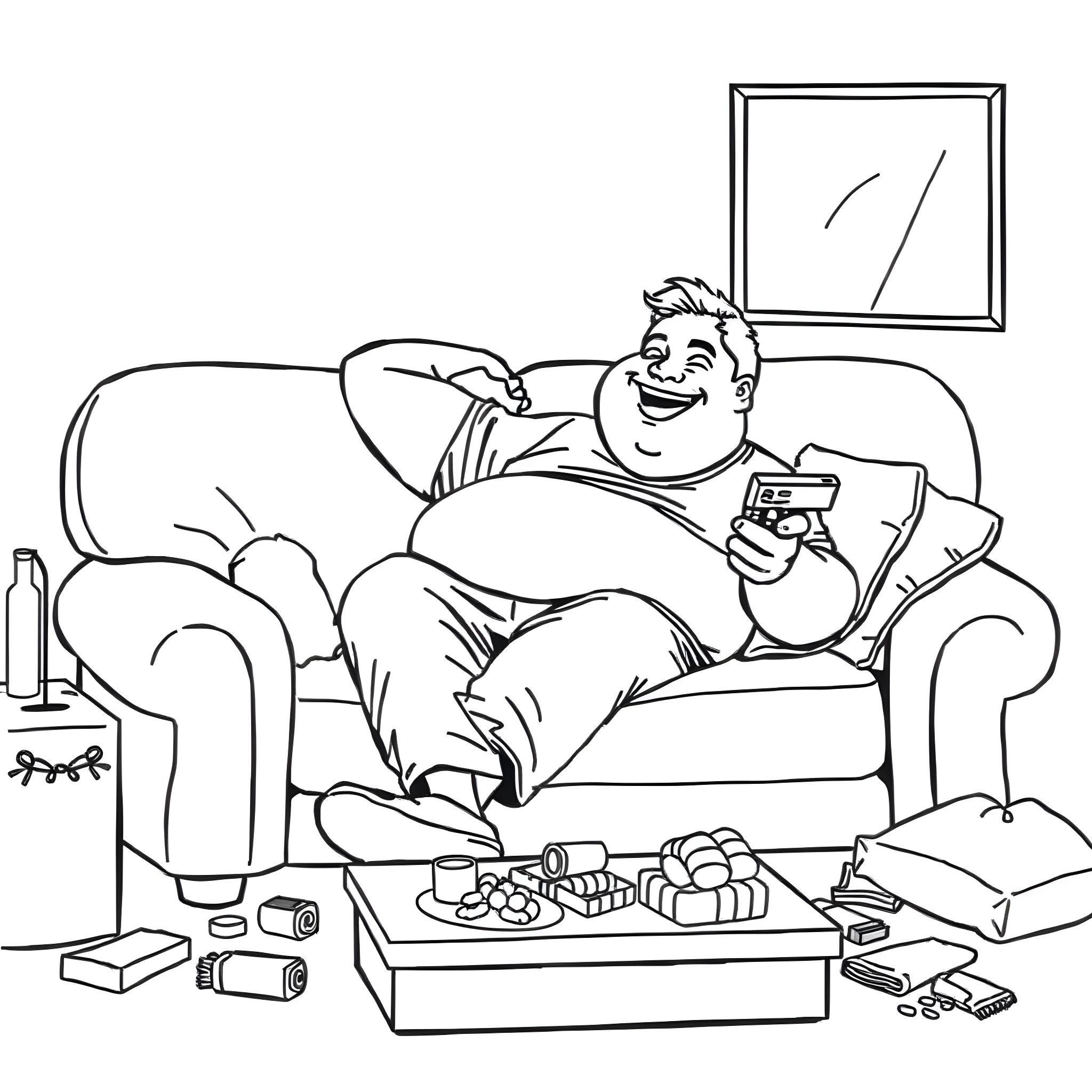 Man relaxing on couch while playing video game Coloring Page (free black-and-white line drawing printable PDF for all, from beginners to advanced learners, including children, teens, adults, and seniors)